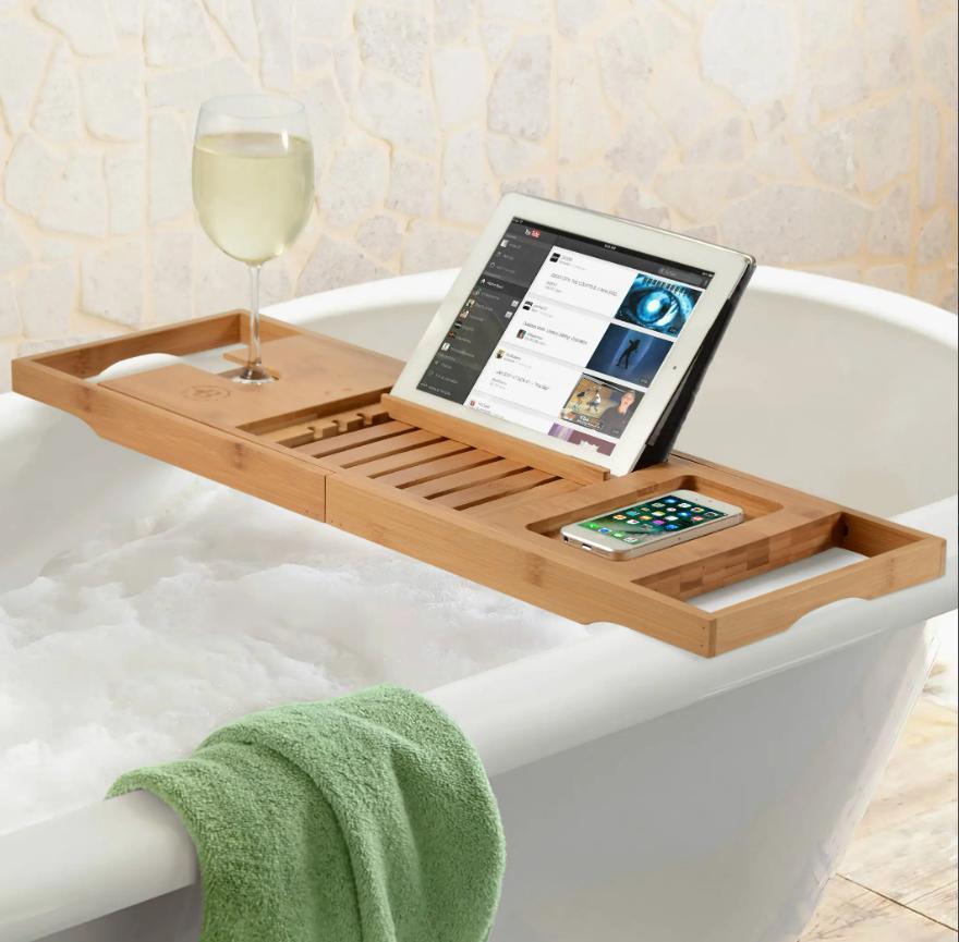 Expandable bamboo bath caddy