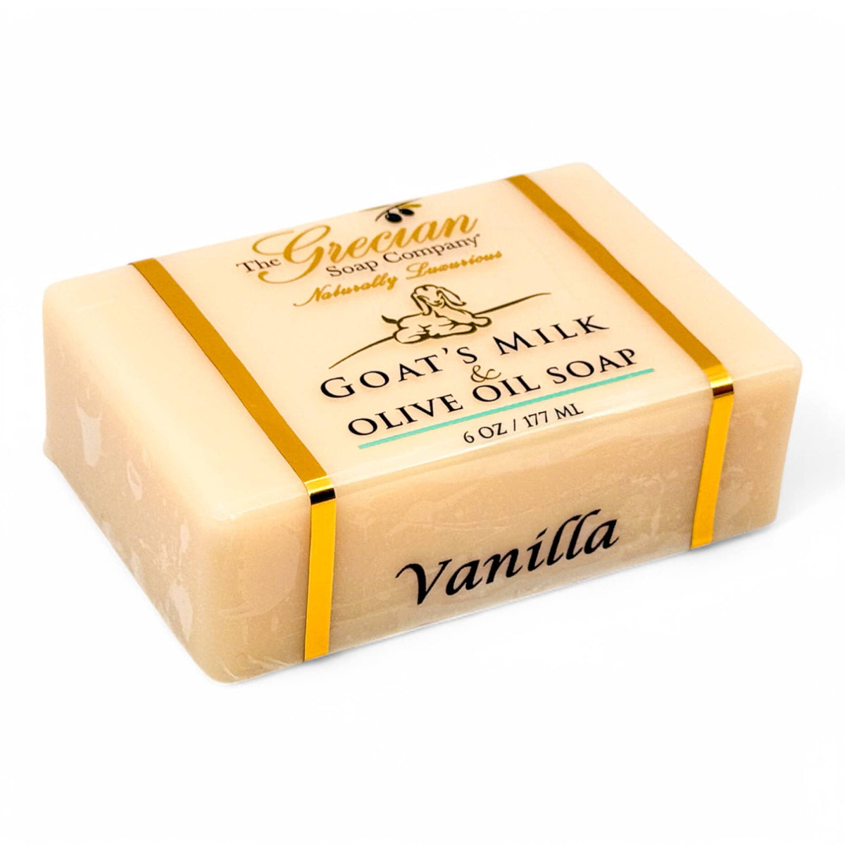 Vanilla goat's milk olive oil bar soap, pale cream with gold band