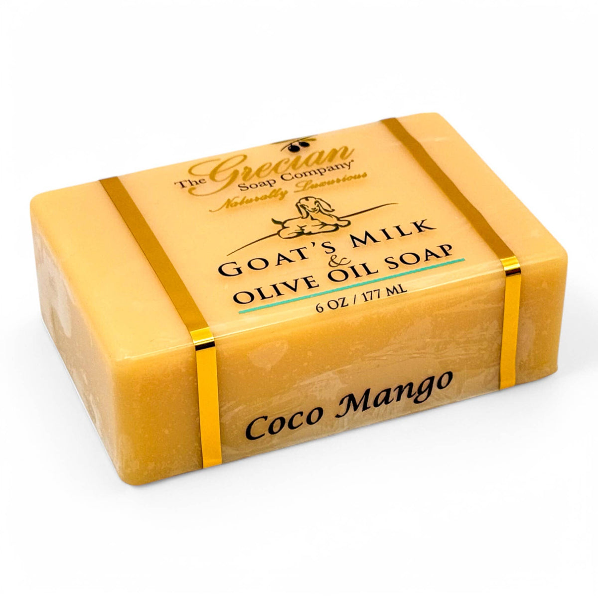 Coco Mango goat's milk olive oil bar soap, golden yellow with gold band