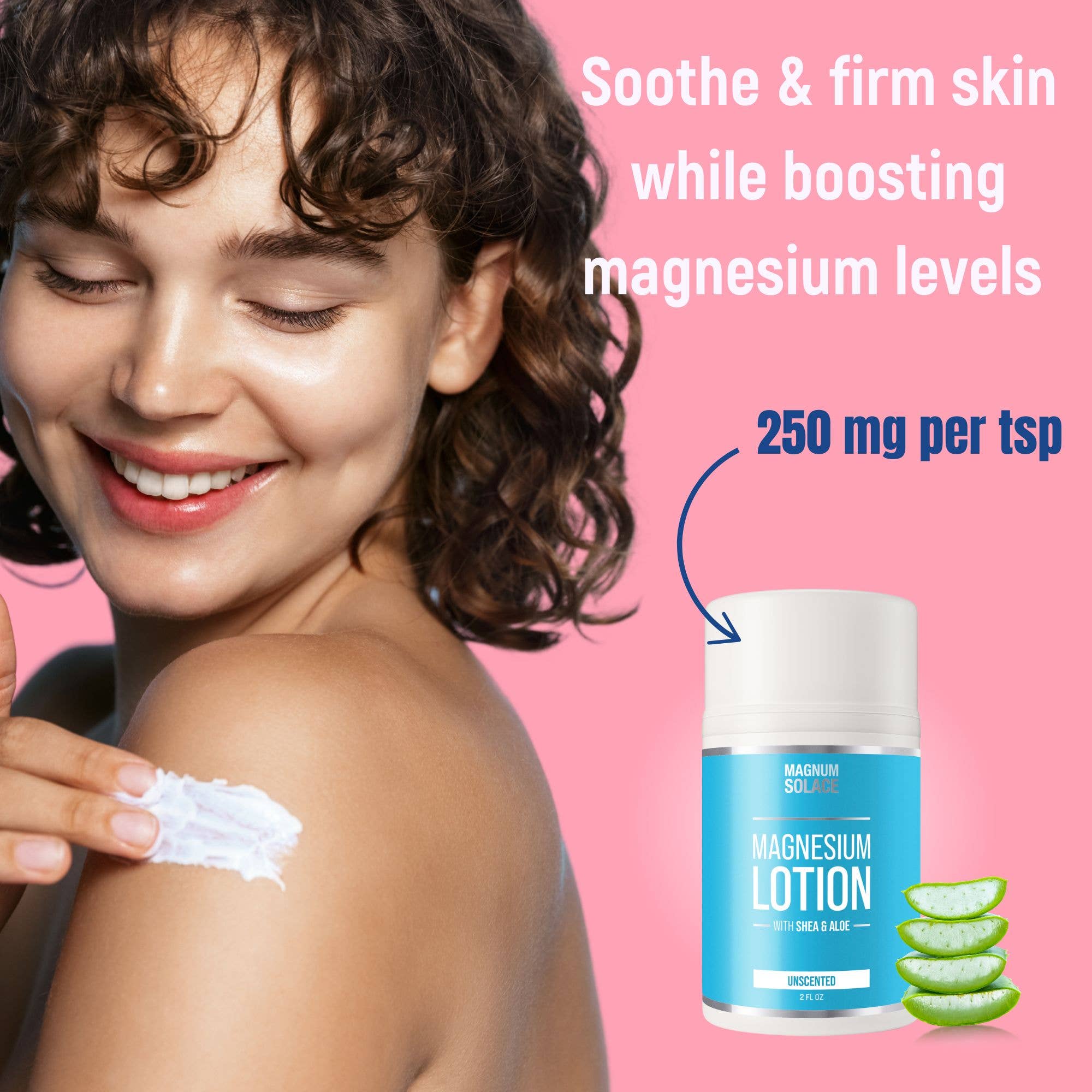 Unscented magnesium lotion bottle with aloe graphic, shown beside a woman applying cream.