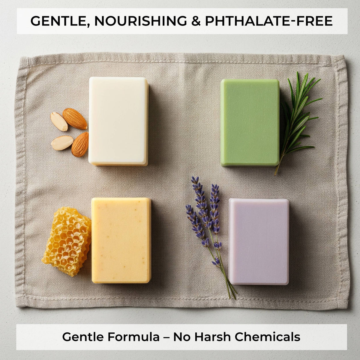 Assorted goat's milk olive oil bar soaps in five colors on beige cloth