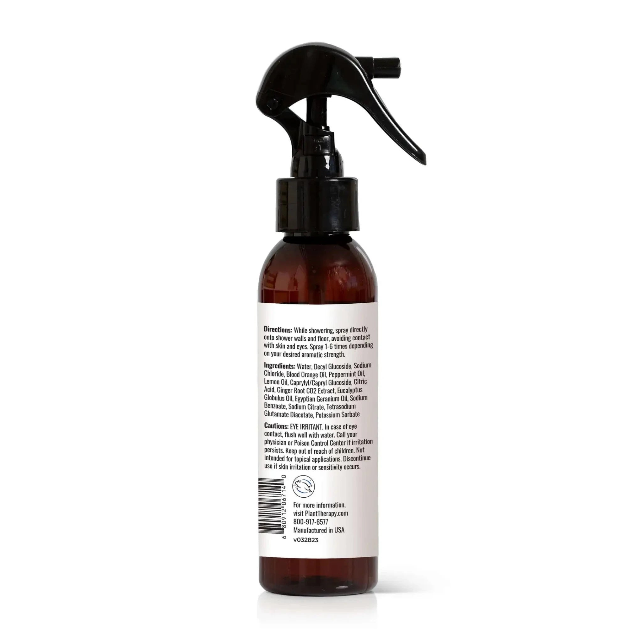 Shower mist spray bottle with black trigger sprayer and amber bottle, back label view