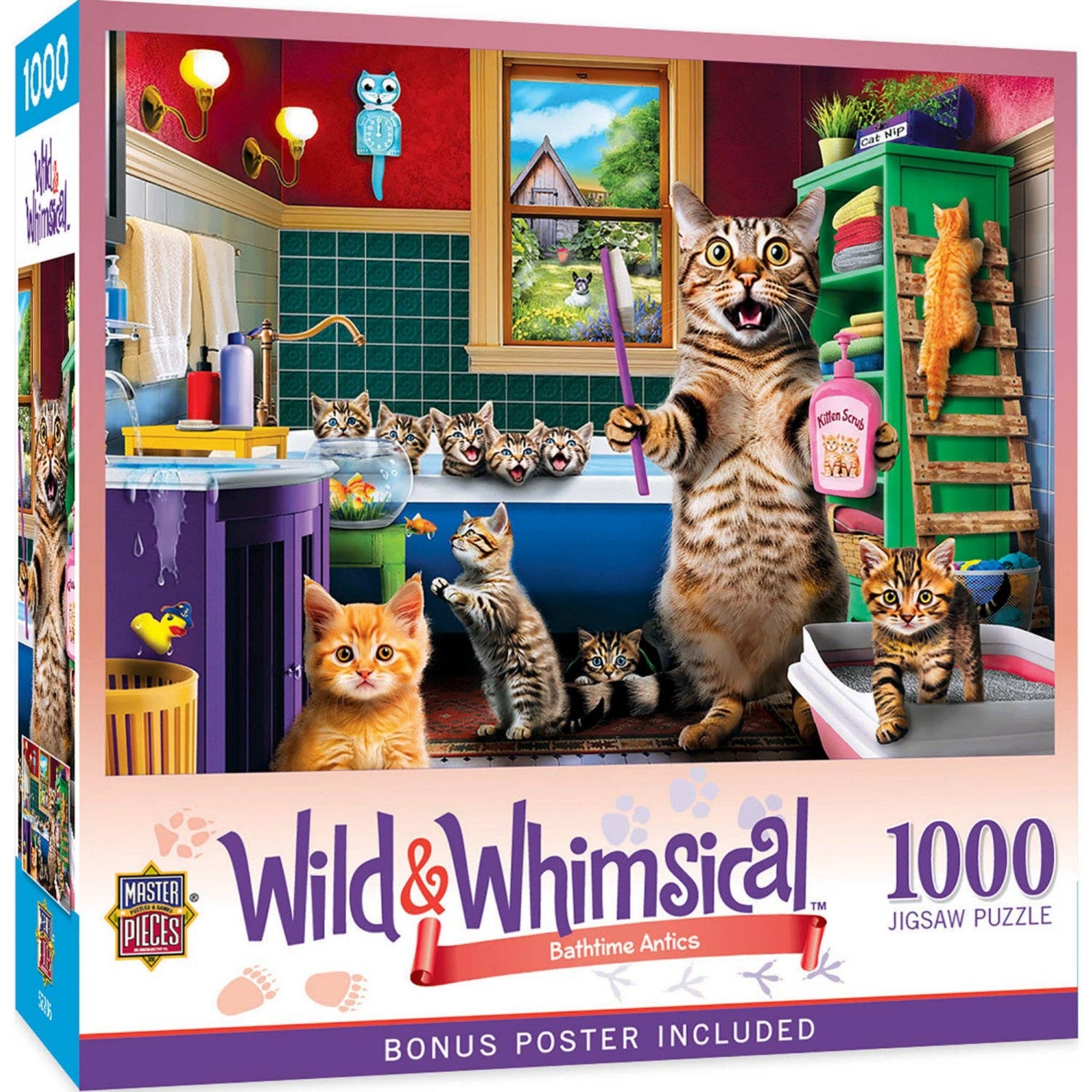 Box front and side of a 1000-piece jigsaw puzzle titled "Wild & Whimsical: Bathtub Antics" by Mister Puzzle. The box art shows a humorous bathroom scene with multiple cats interacting around a tub, sink, ladder shelf, and window, with the text "1000 Jigsaw Puzzle" and "Bonus Poster Included.