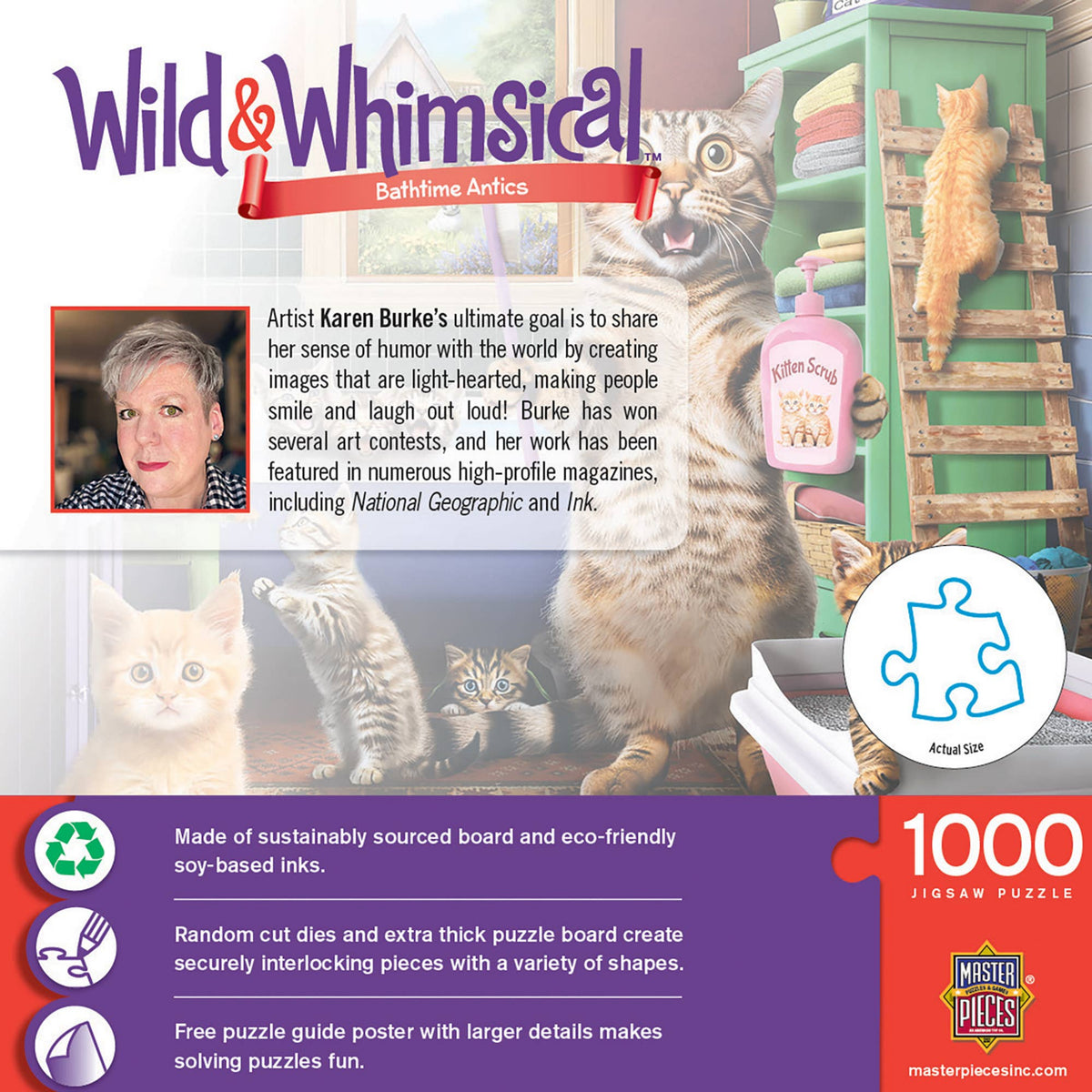Front cover of the 'Wild & Whimsical Bathtime Artics' 1000-piece jigsaw puzzle by Masterpiece Inc. The cover features a whimsical illustration of a green changing table with a cat climbing on it, alongside a photo of artist Karen Burke and product feature callouts on a purple banner at the bottom.