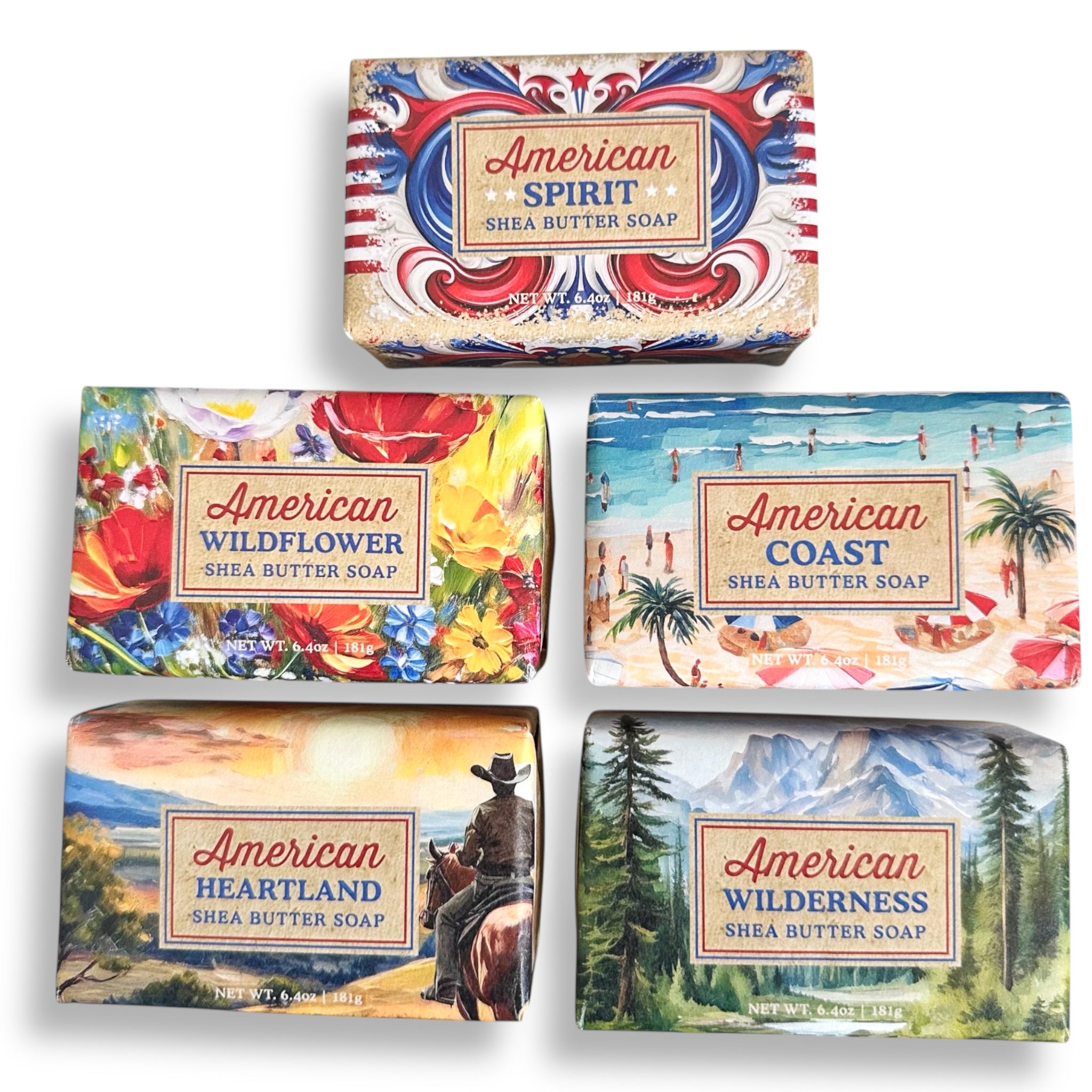 Assorted American shea butter soap bars, five varieties with colorful labels