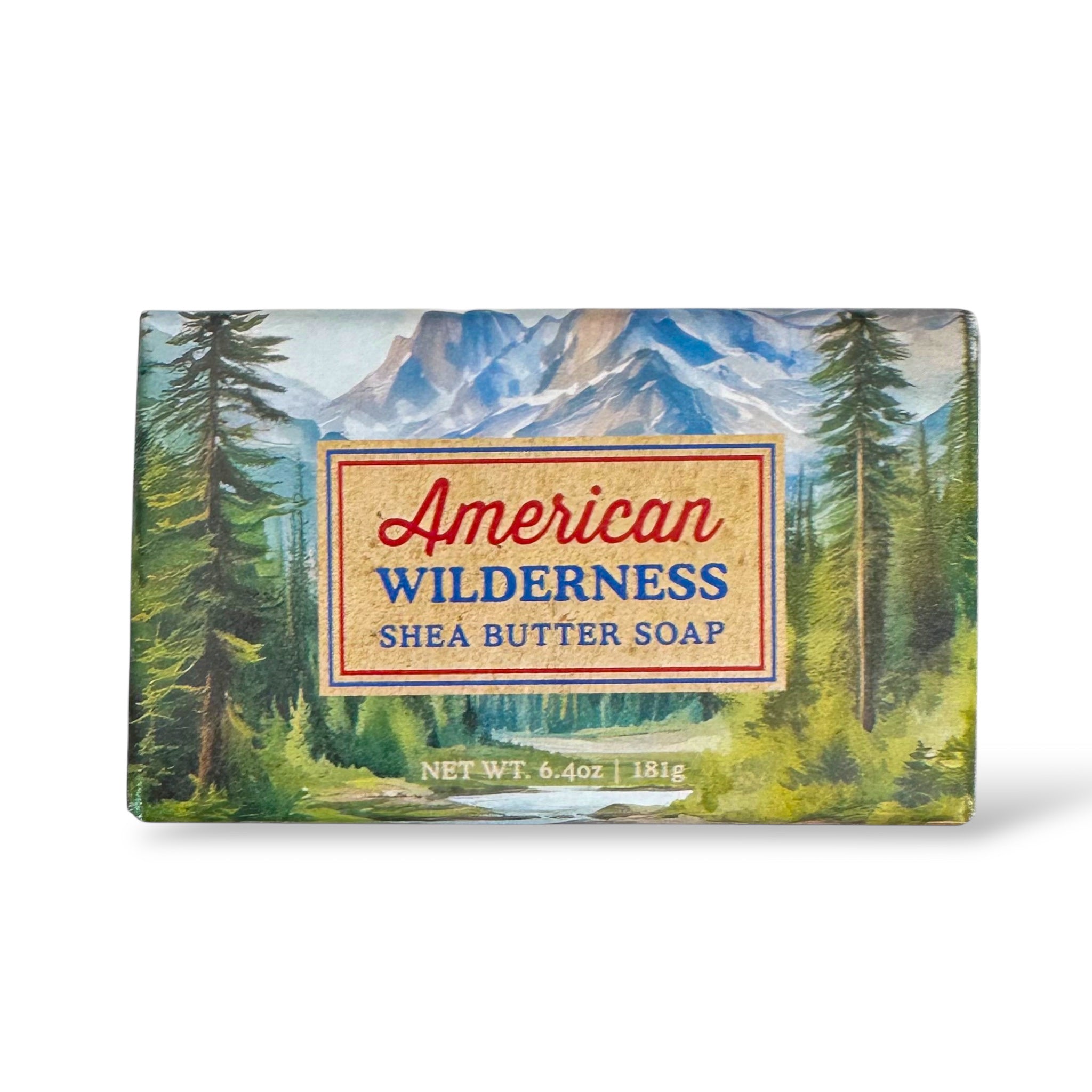 American Wilderness shea butter soap bar with mountain forest label