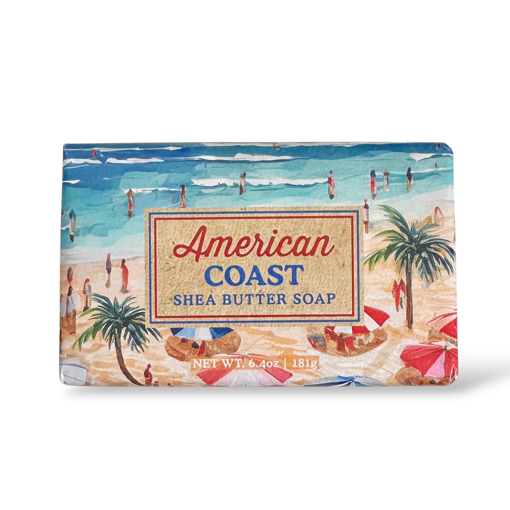 American Coast shea butter soap bar with palm-lined beach label