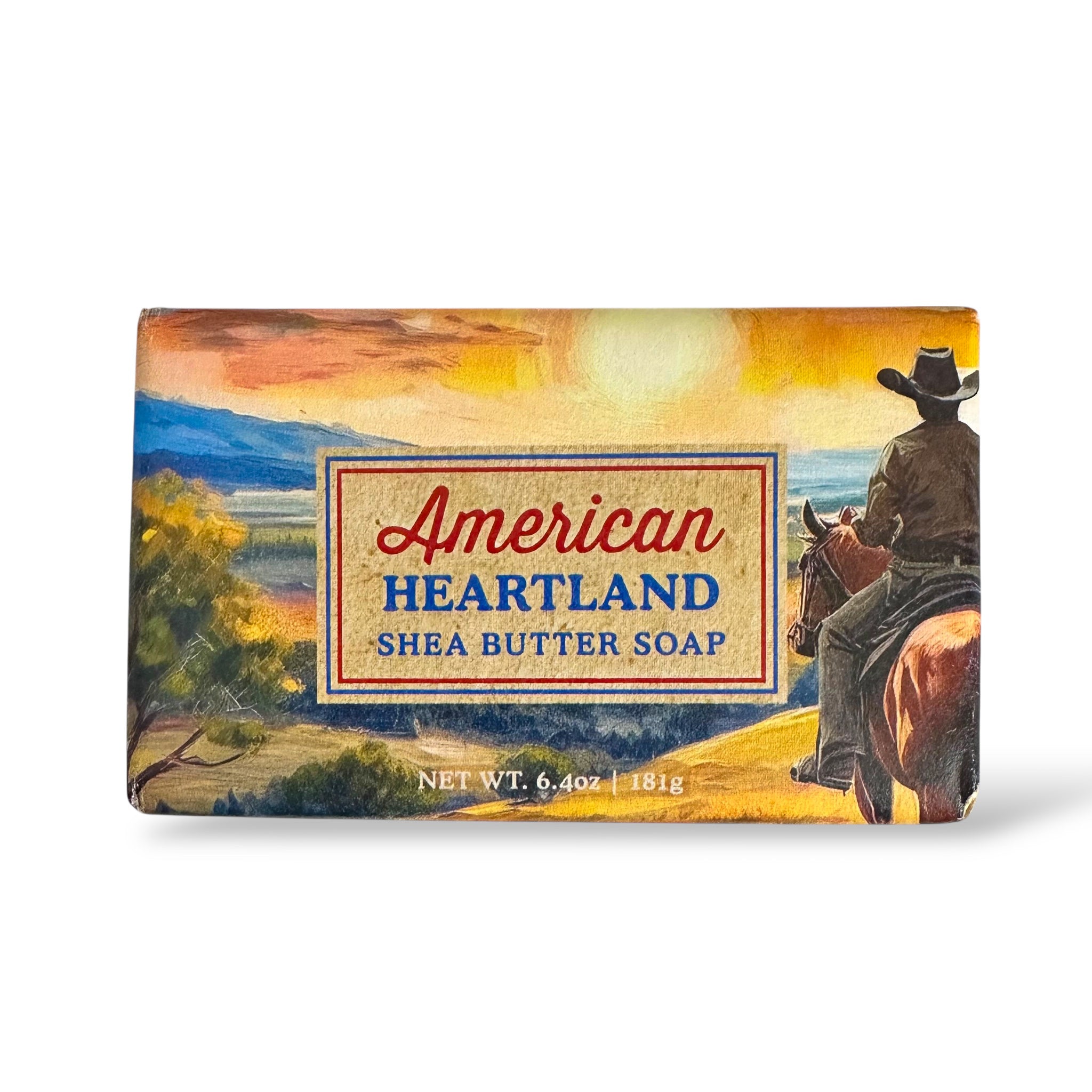 American Heartland shea butter soap bar with rider and sunset label