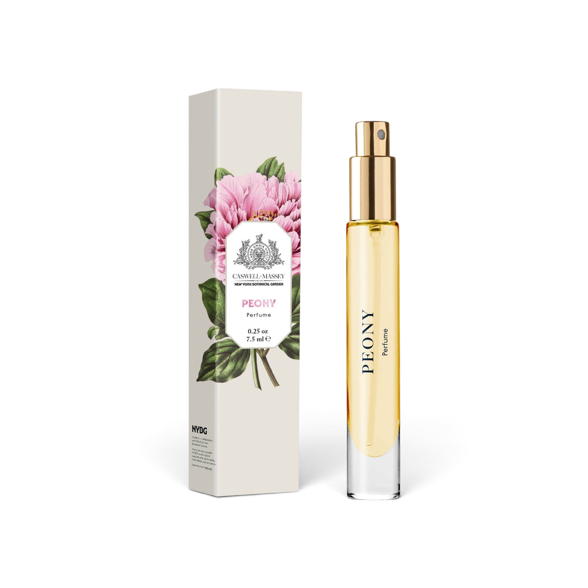 A perfume bottle with a gold spray top and clear glass body containing pale yellow liquid, shown next to its tall cream-colored box decorated with a pink peony flower and green leaves. The bottle and box both display the brand name 'K.
