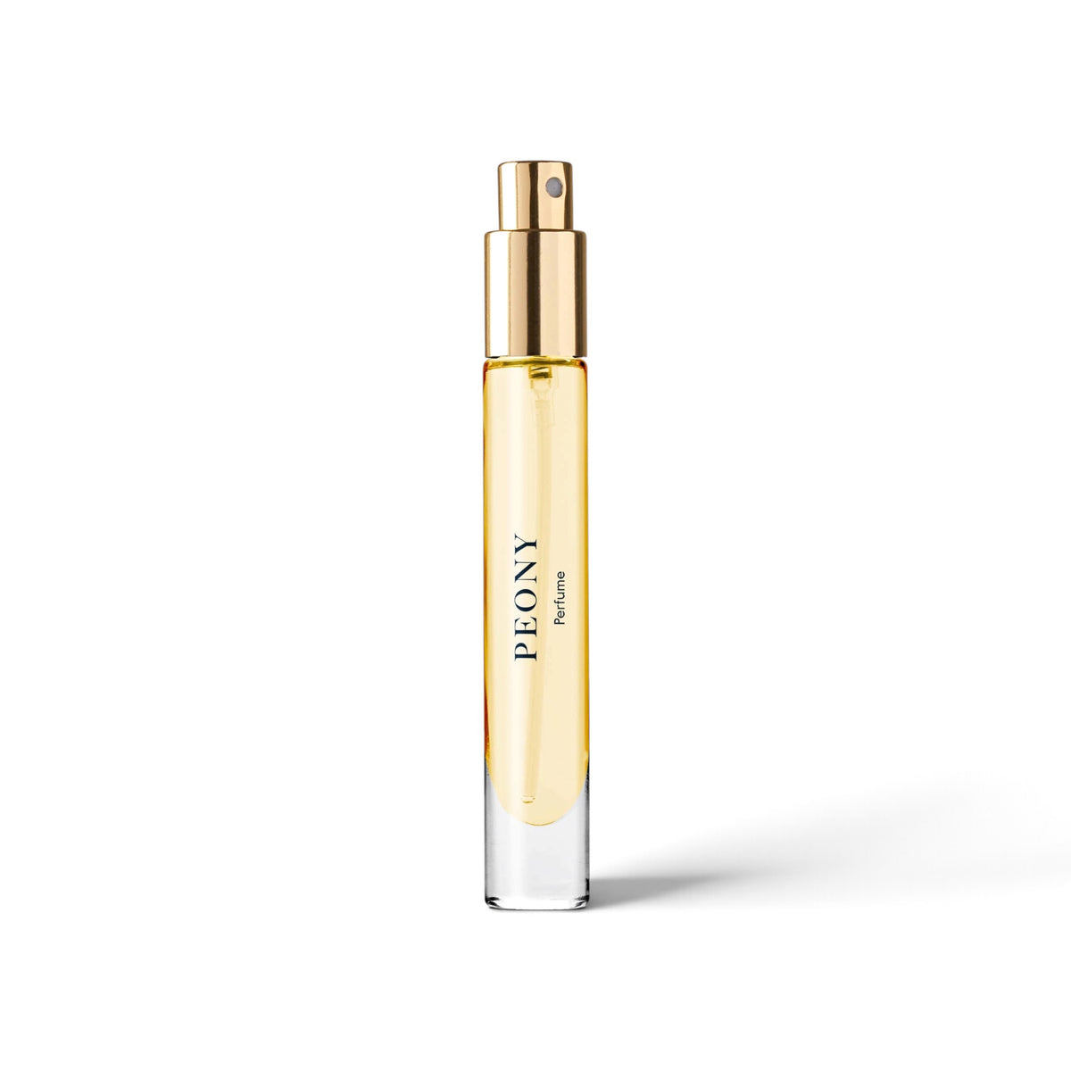A clear glass perfume bottle with pale yellow liquid, a metallic gold spray top, and the brand name 'PEONY Perfume' printed vertically on the front, set against a clean white background.