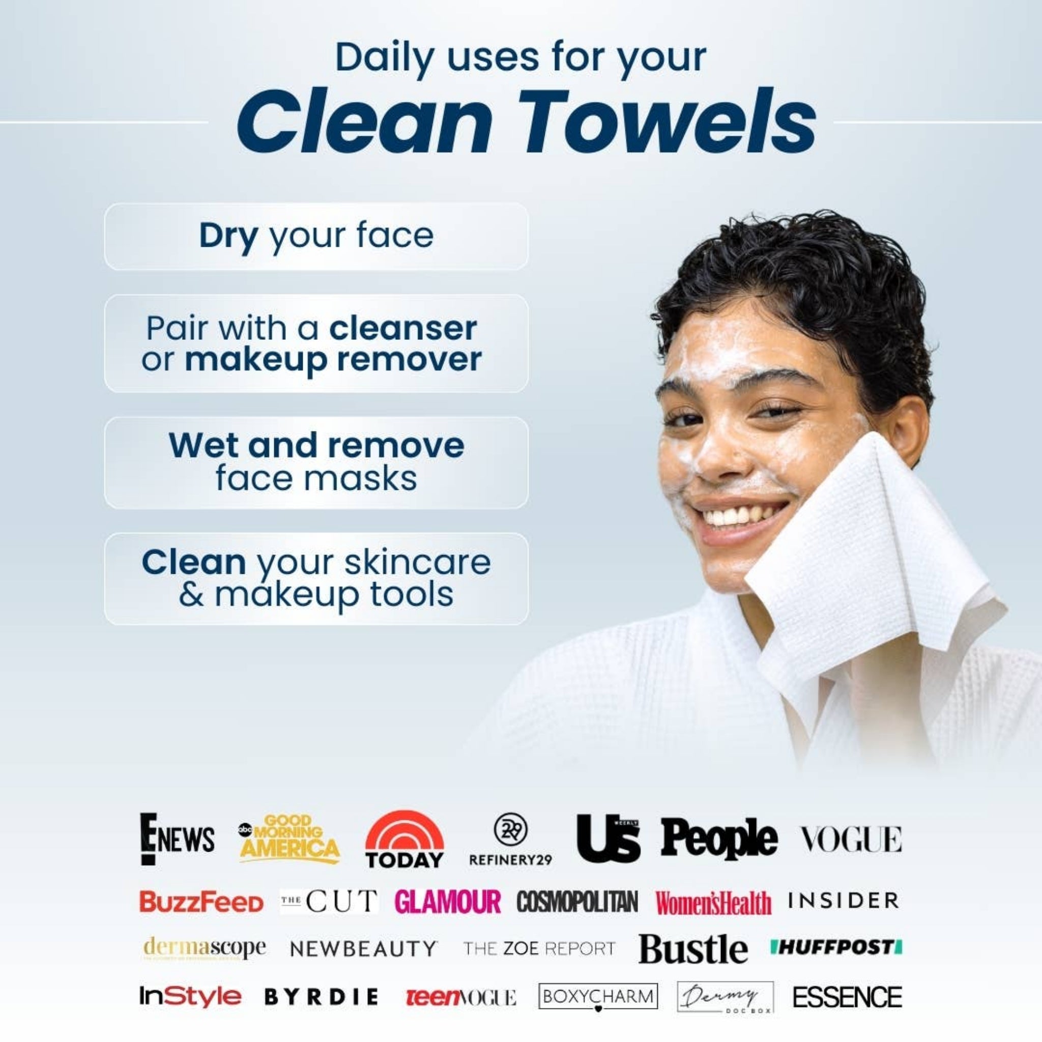 White disposable face towel sheet on a person for cleansing and mask removal.