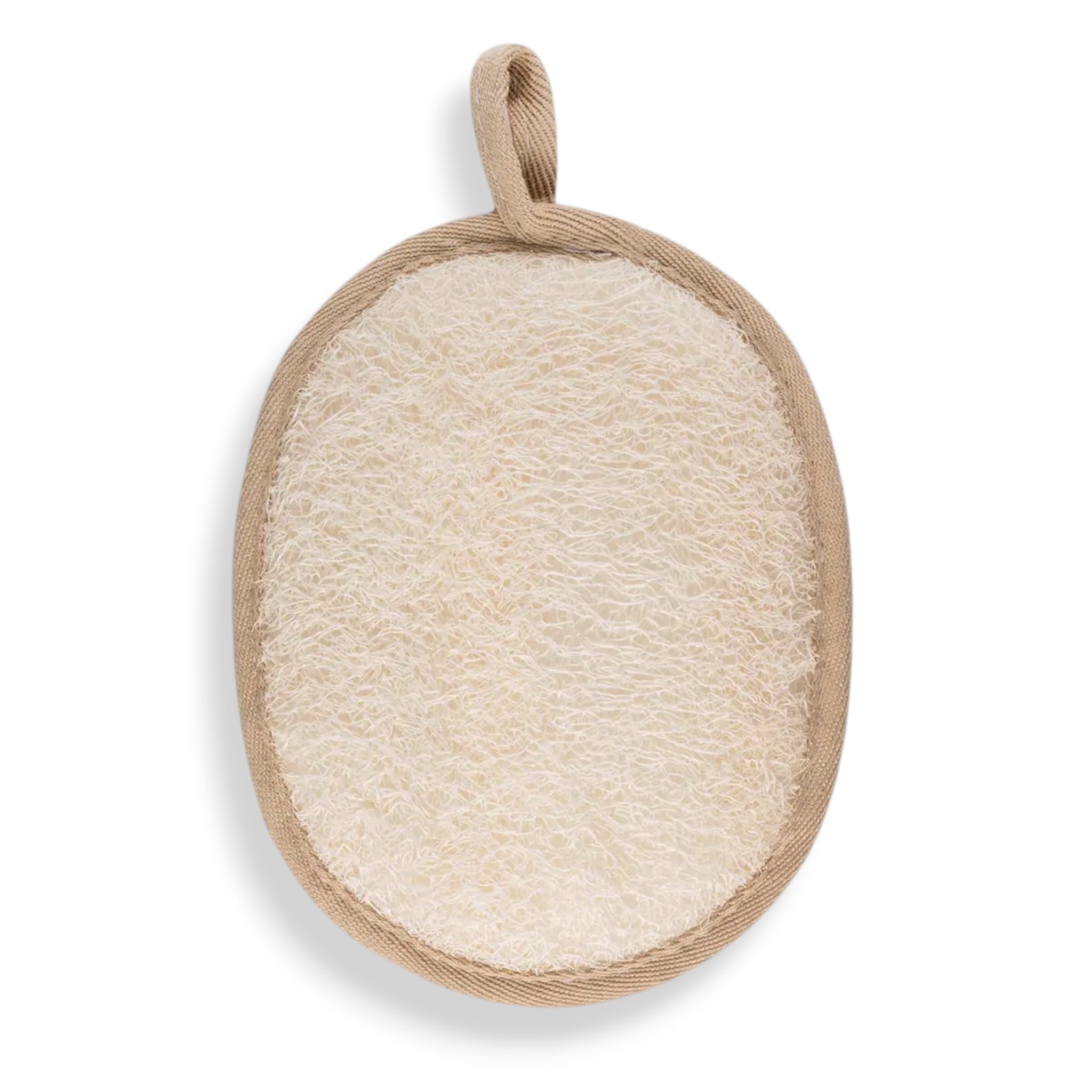 Oval-shaped natural sponge with a handle on a white background