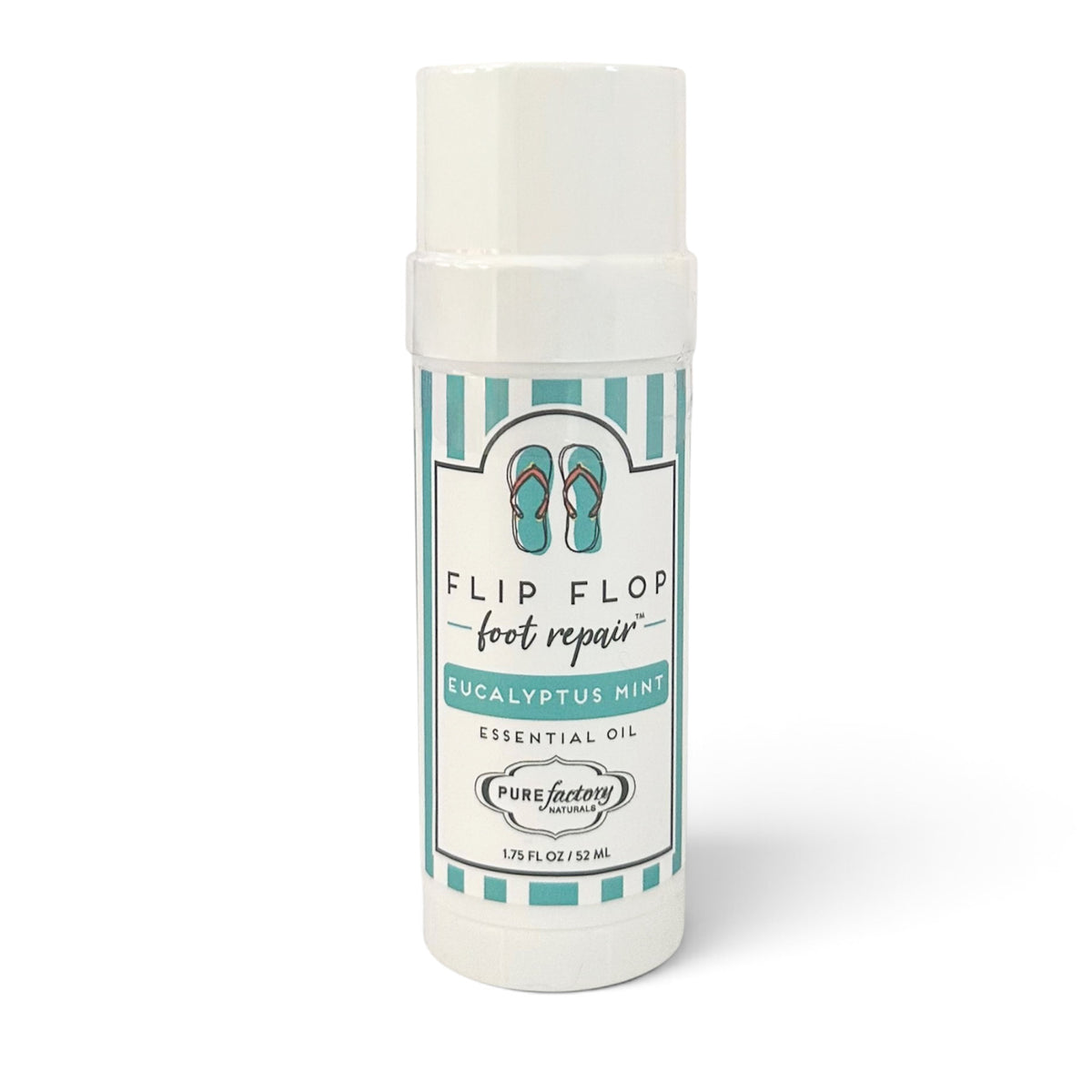 Flip flop foot repair balm, Eucalyptus Mint scent, teal label bottle with sandals icon