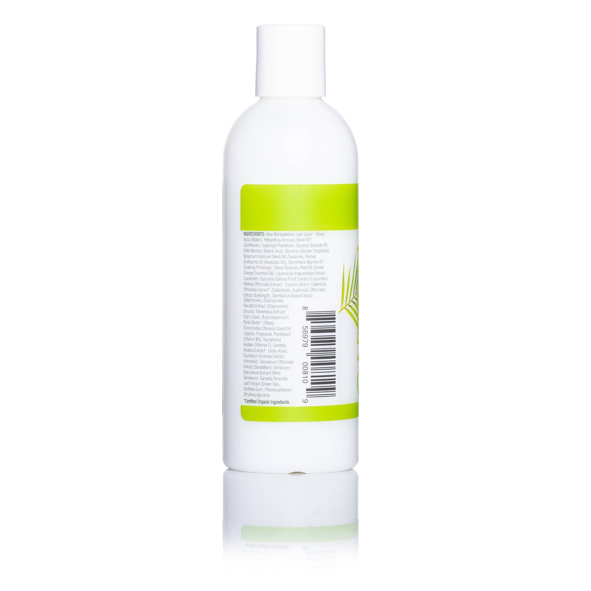 White bottle with a green label on a white background