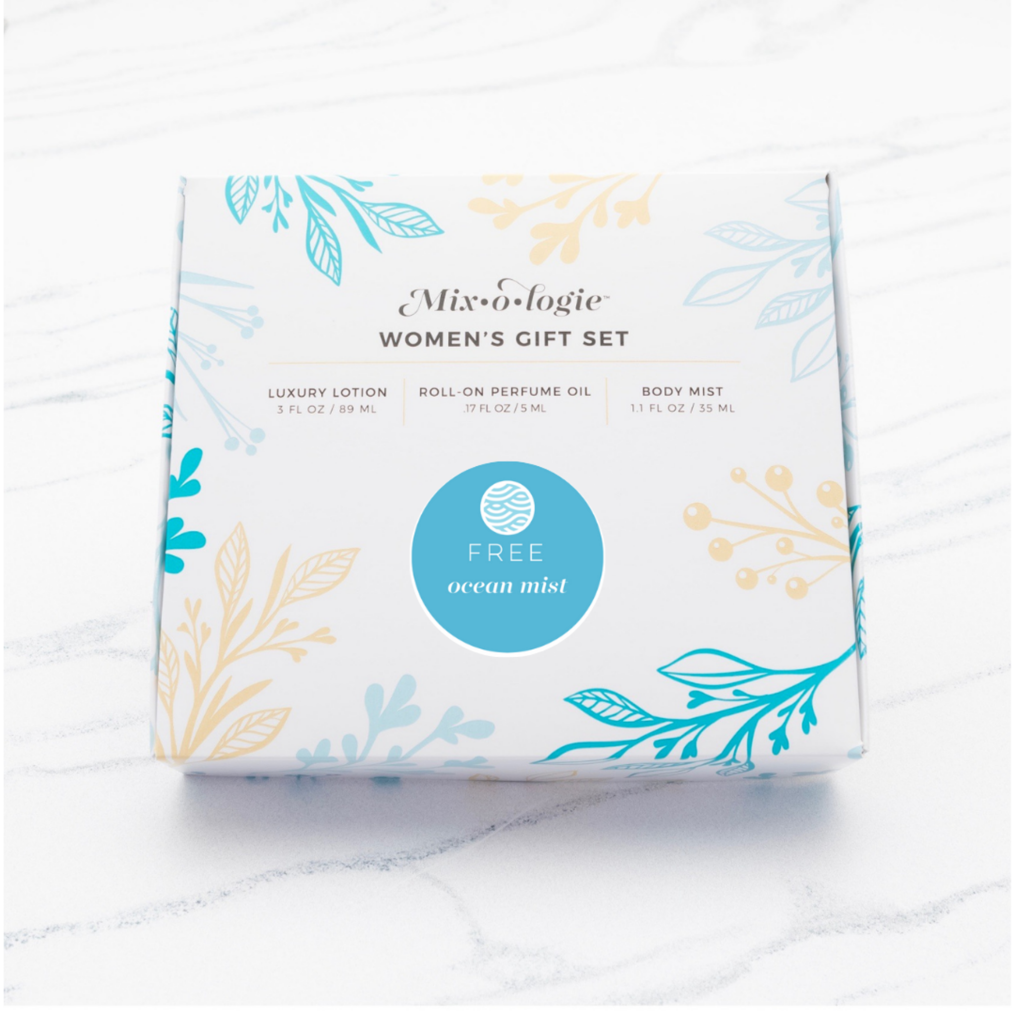 Box of Mixologie Women's Gift Set with ocean mist theme on a white background