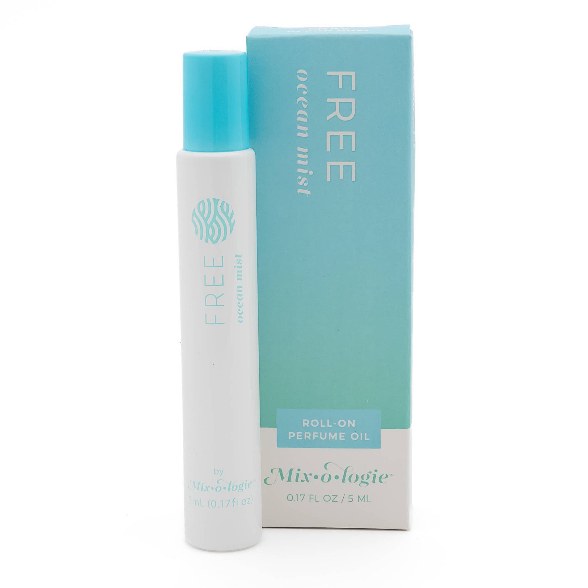 A 1.7 fl oz bottle of Mixólogie 'FREE' Ocean Mist roll-on perfume oil standing next to its light blue and white packaging box on a white background.