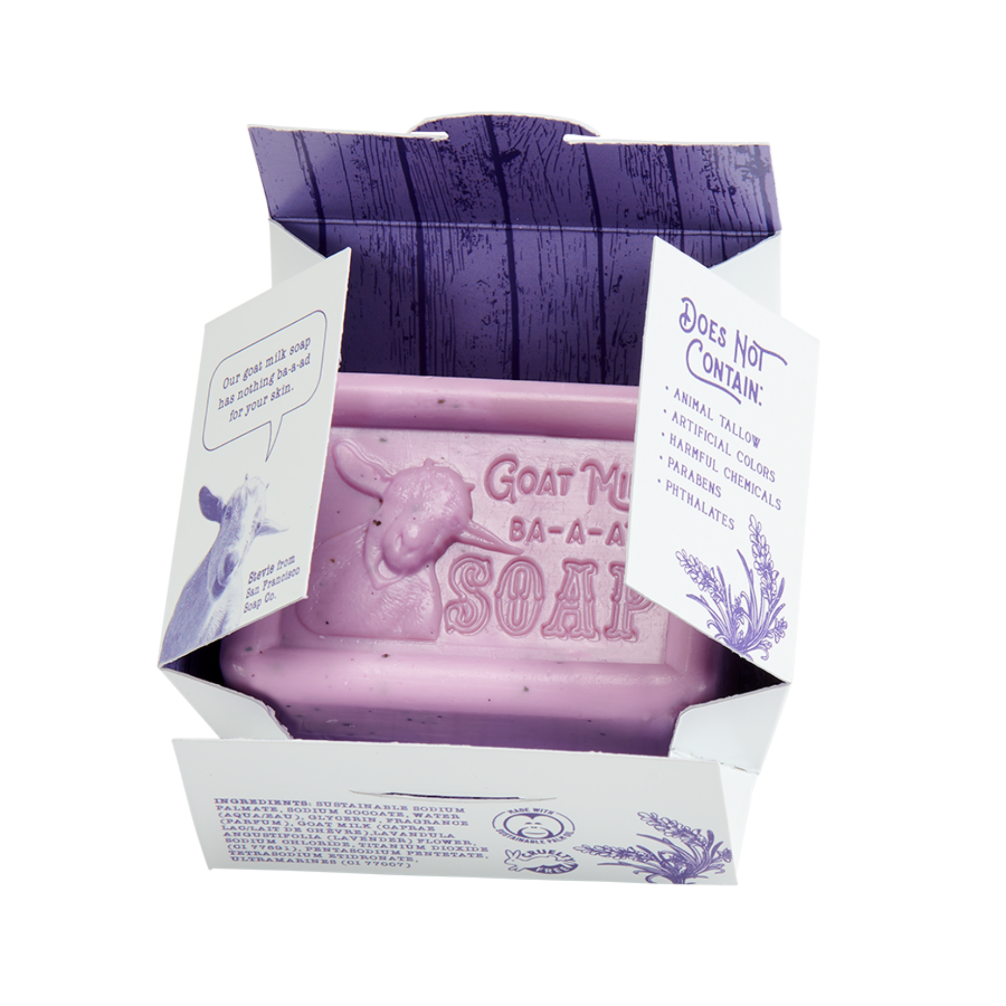 Purple goat milk soap in a decorative box with text on a white background