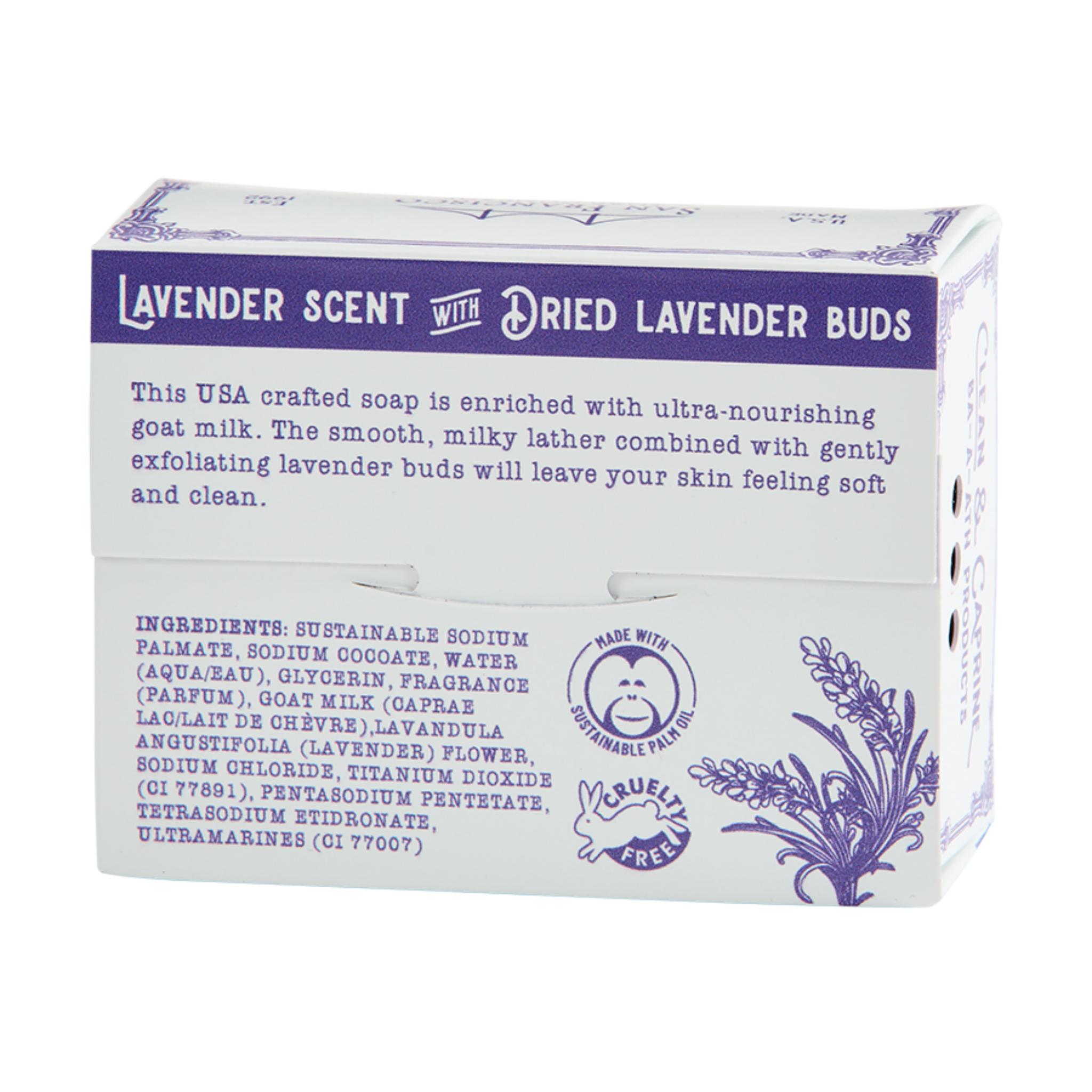 Box of lavender-scented soap with dried lavender buds on a white background