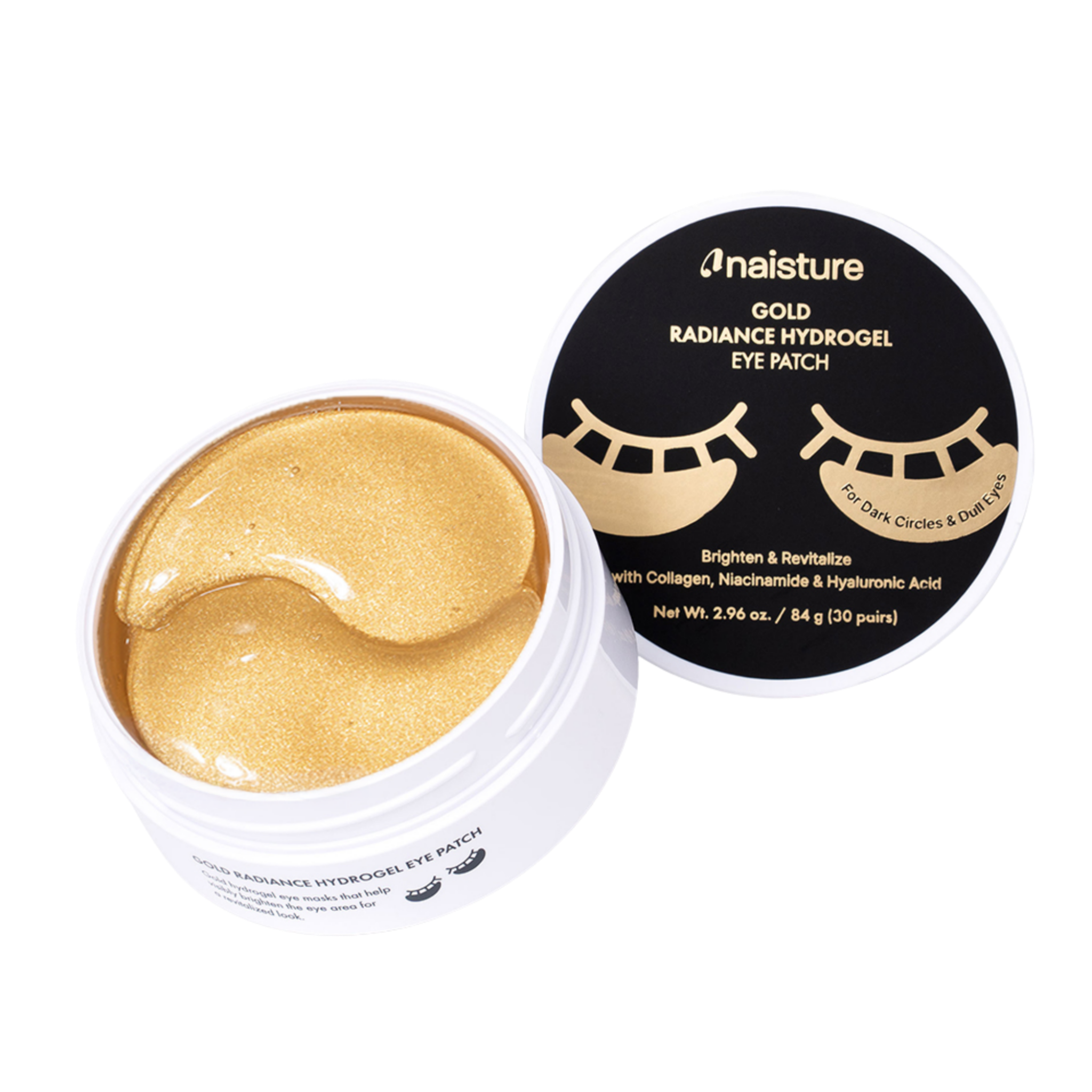 Gold radiance hydrogel eye patches in a container with packaging on a white background