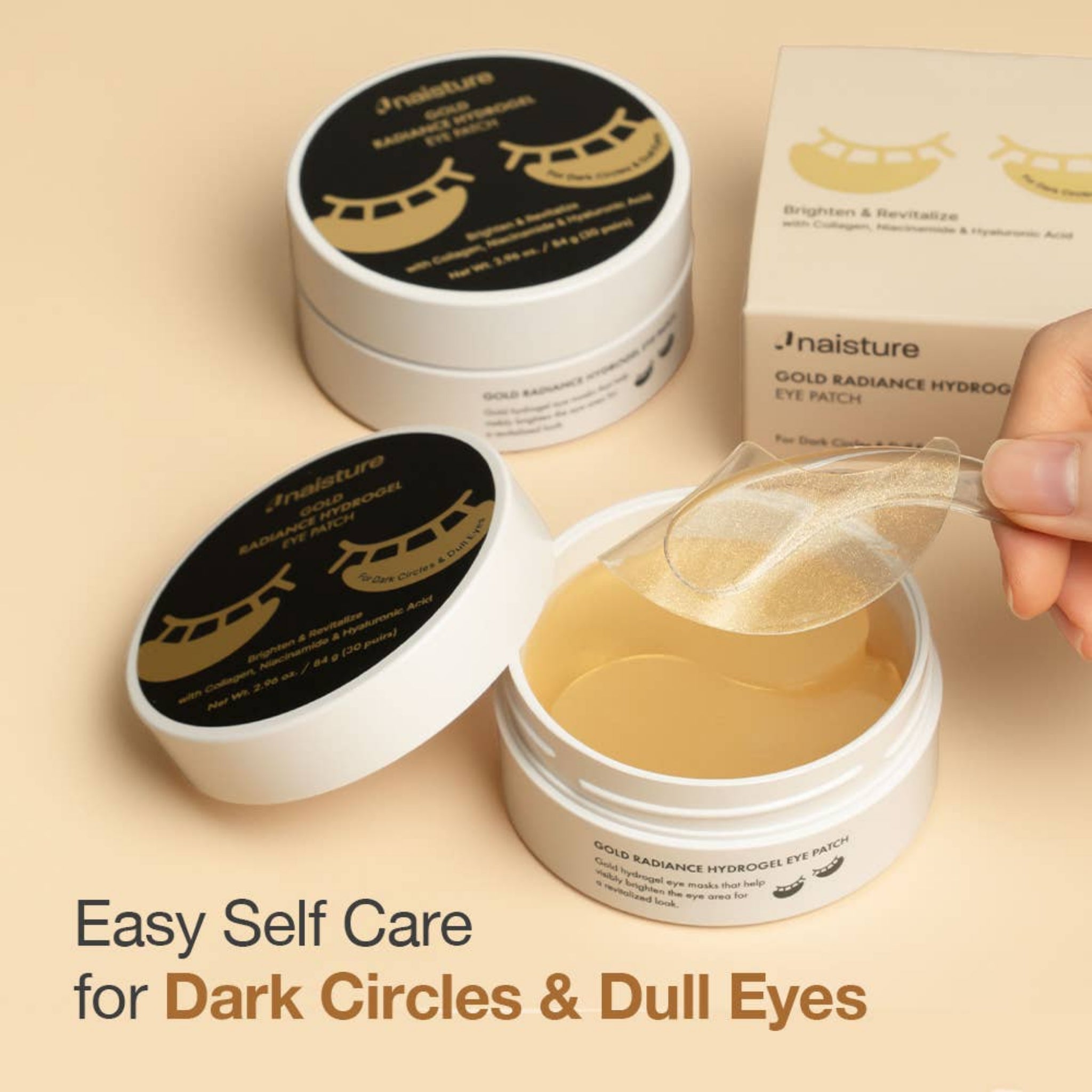 Naisture eye patch packaging with open jar and person applying patches on beige background