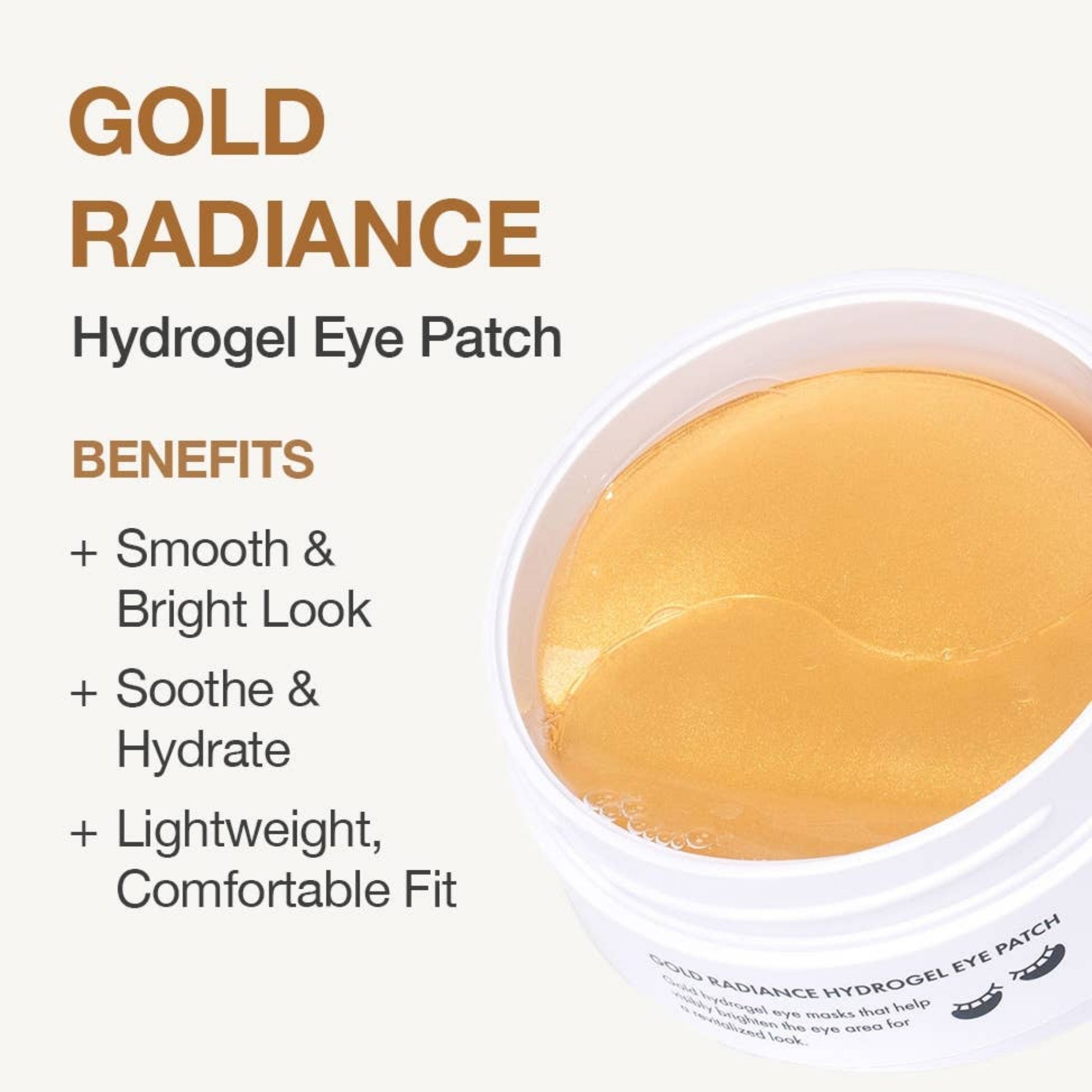 Gold Radiance Hydrogel Eye Patch container with benefits listed on a white background