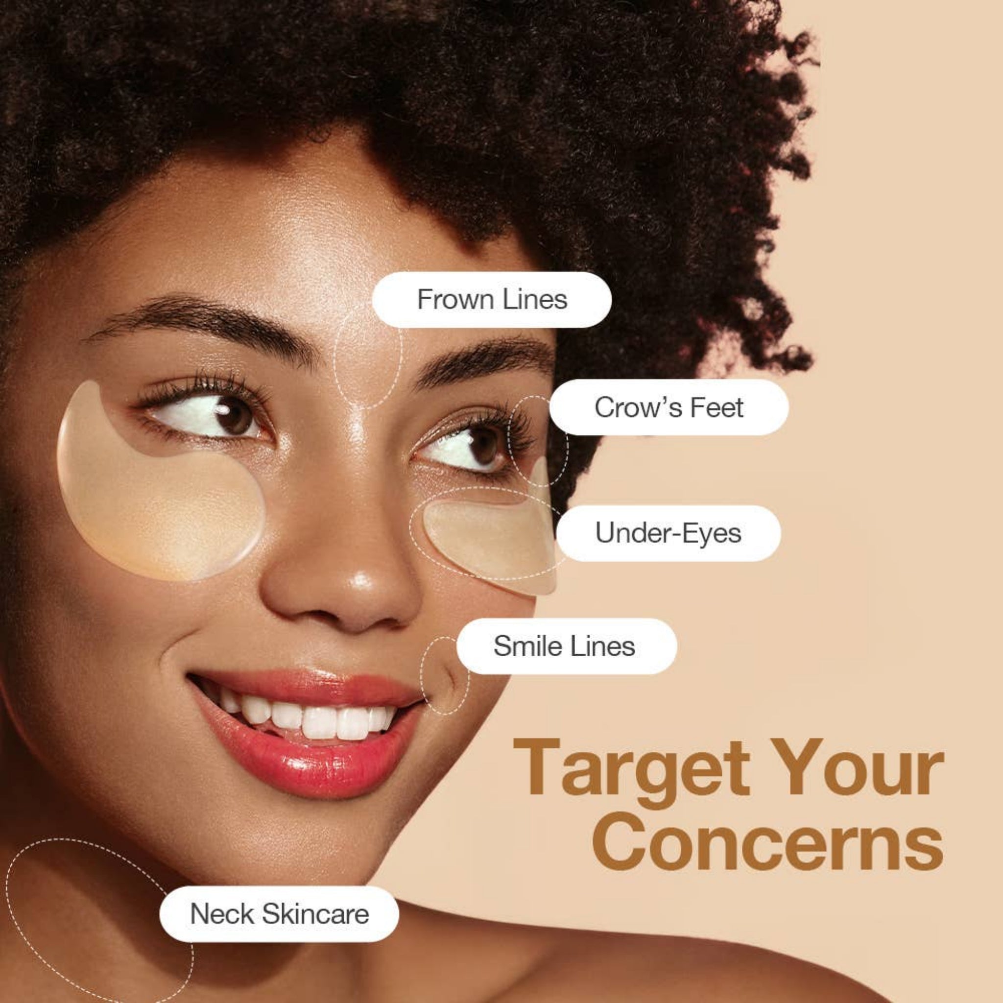 Woman with skincare patches labeled for different concerns on a beige background