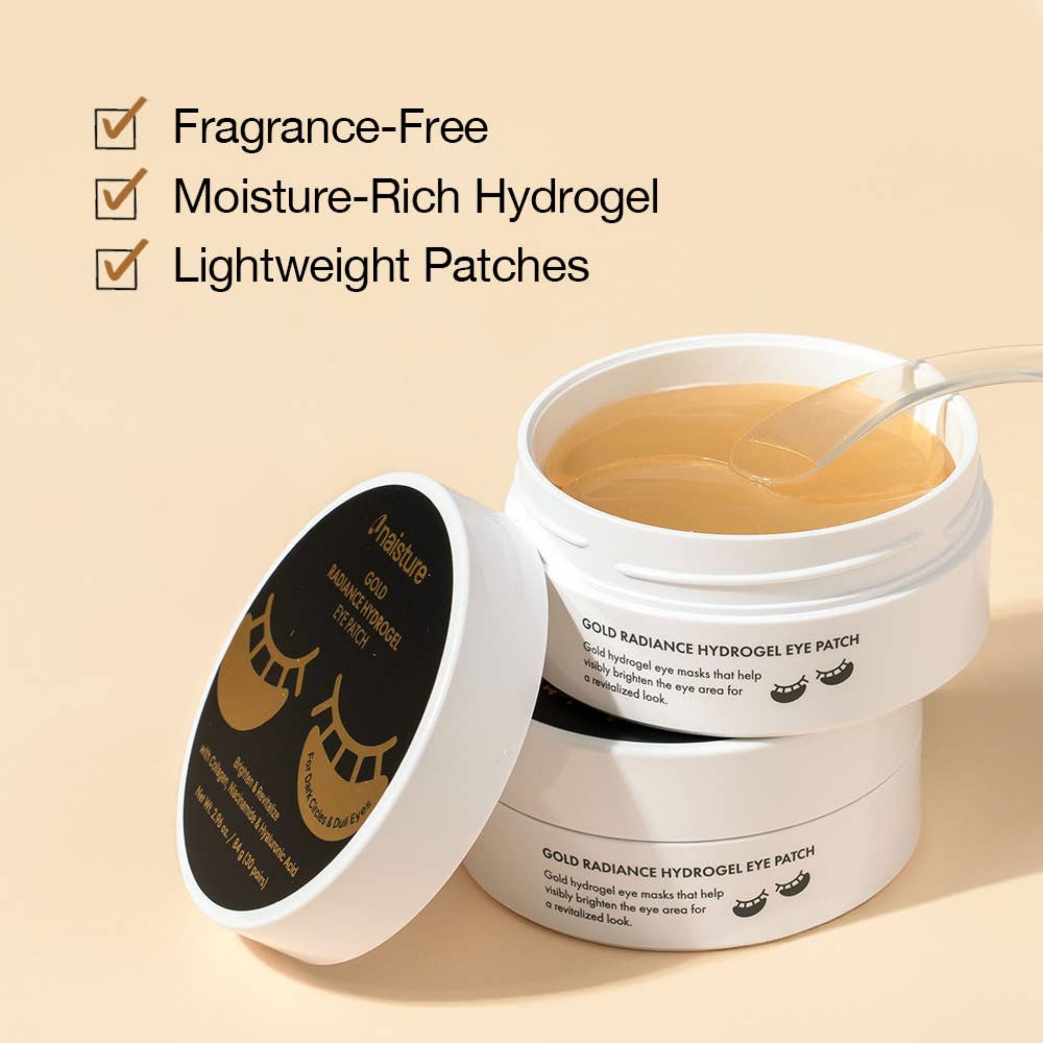 Gold Radiance Hydrogel Eye Patch container with text highlighting features on a beige background