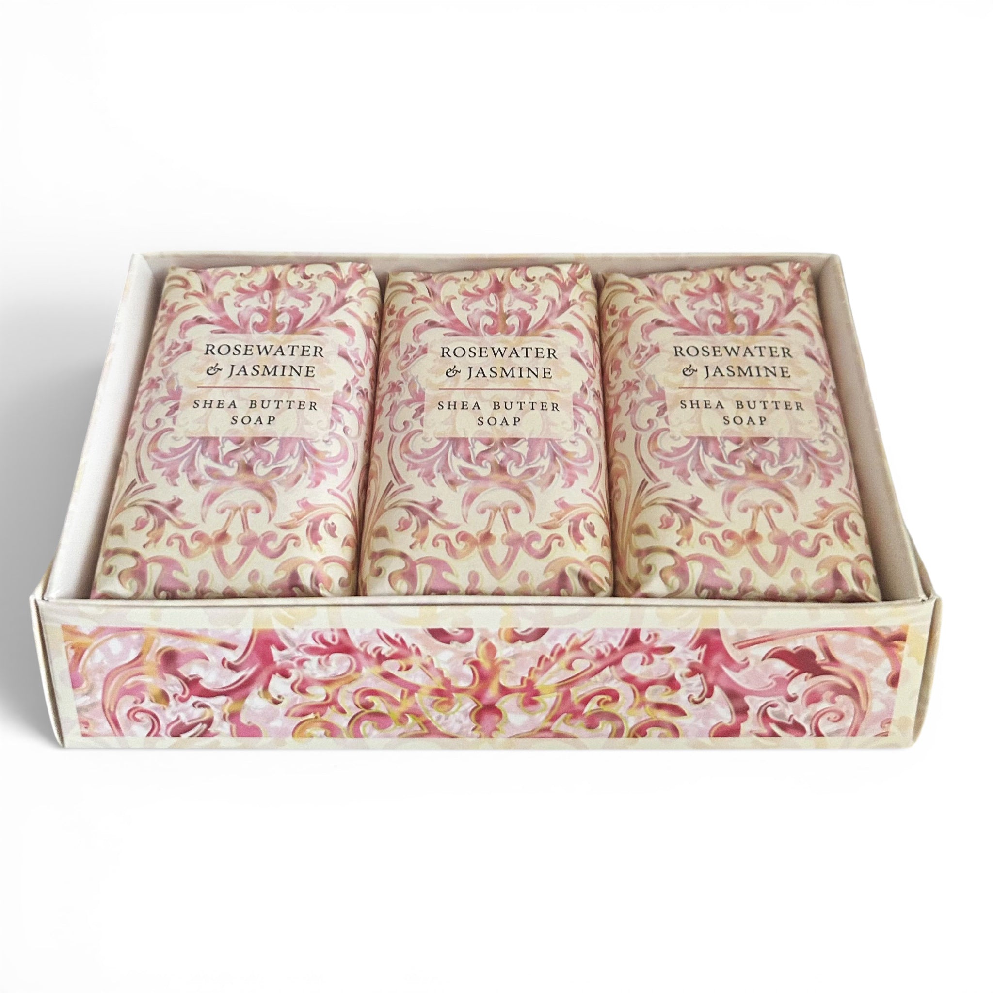 Three bars of Rosewater & Jasmine shea butter soap in a decorative box on a white background
