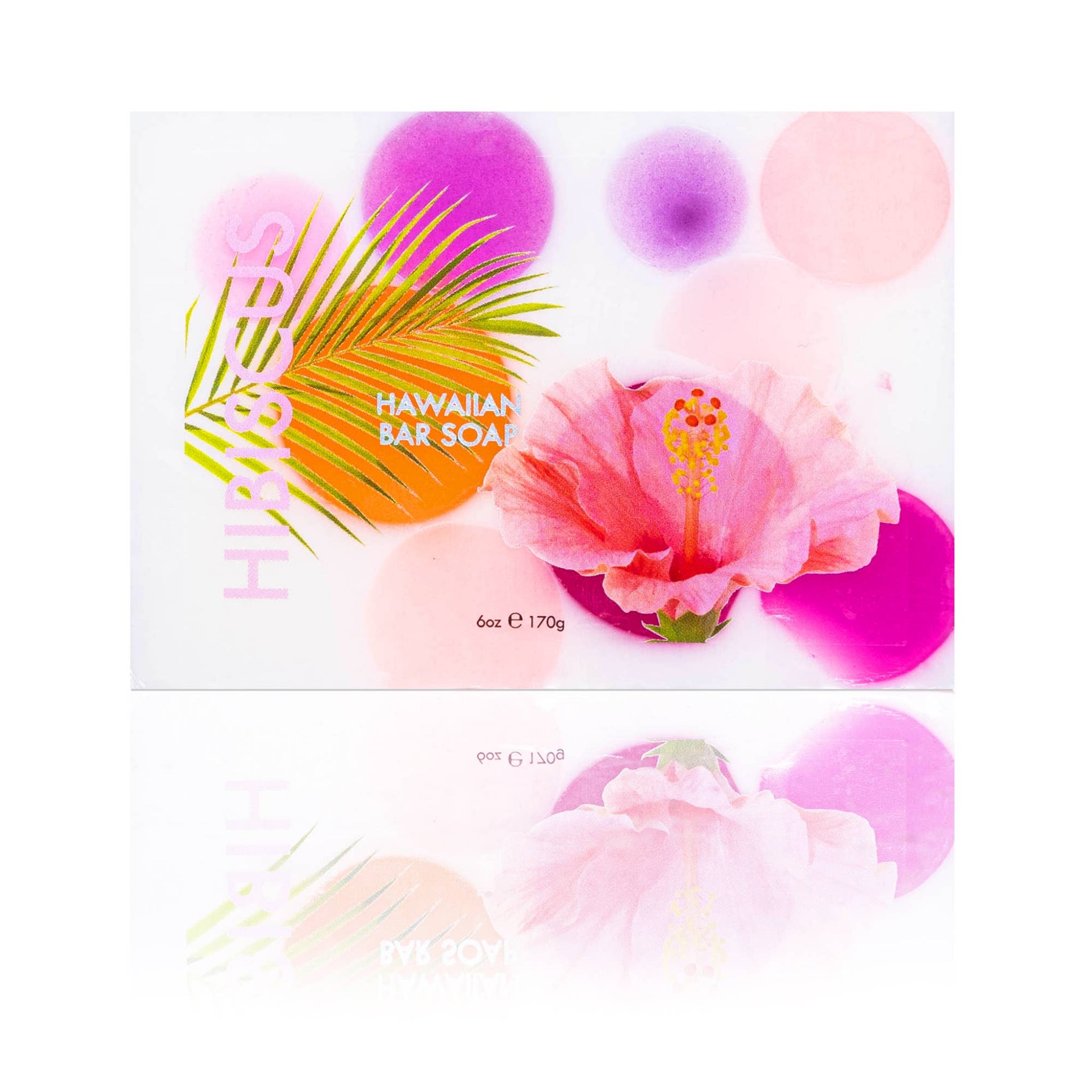 Hawaiian Bar Soap packaging with pink flowers and palm leaves on a white background