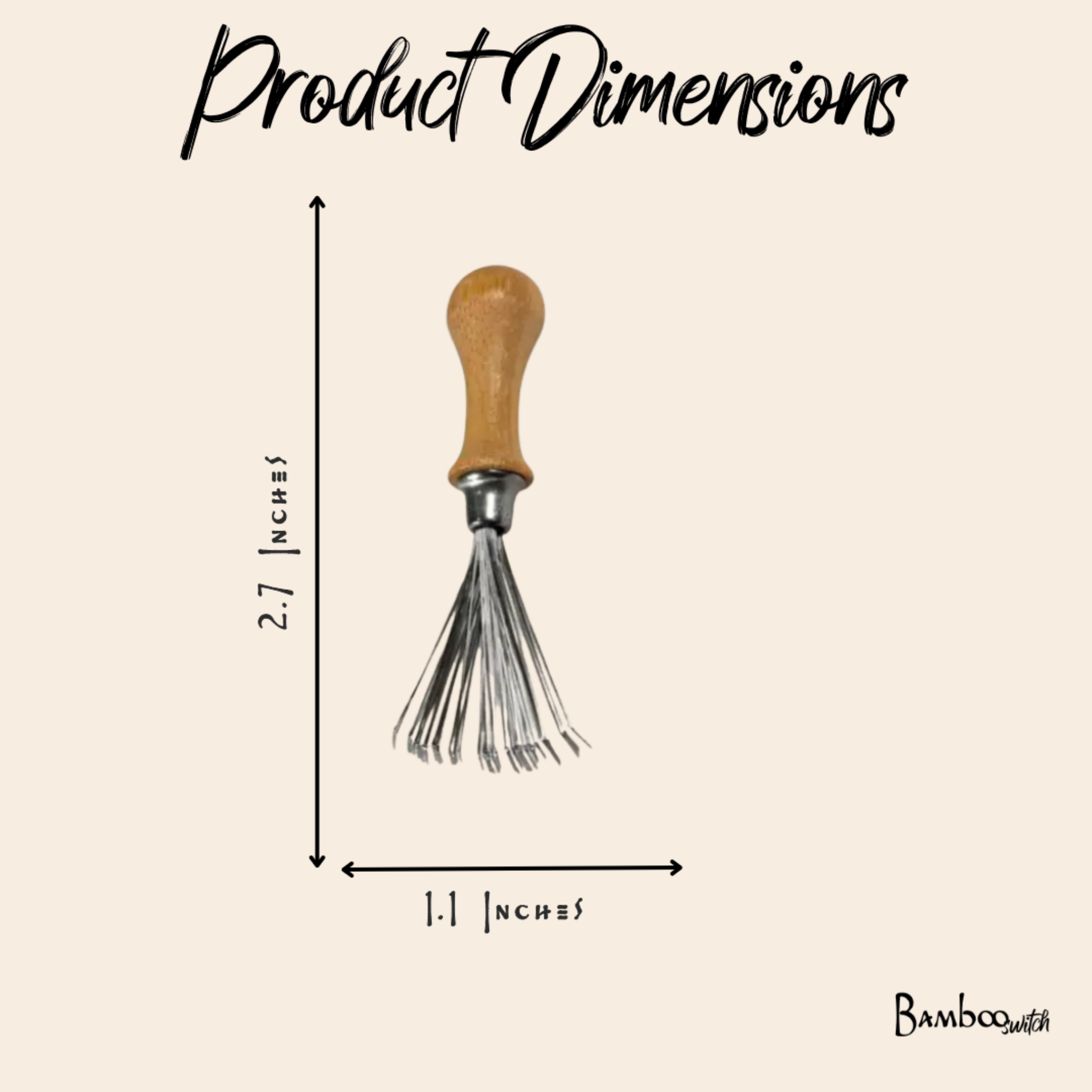Hairbrush cleaning tool size view: wooden handle with metal pin bristles