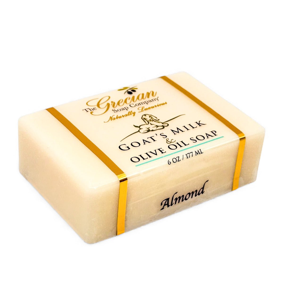 Almond-scented goat milk & olive oil bar soap, cream rectangle with gold wrap label