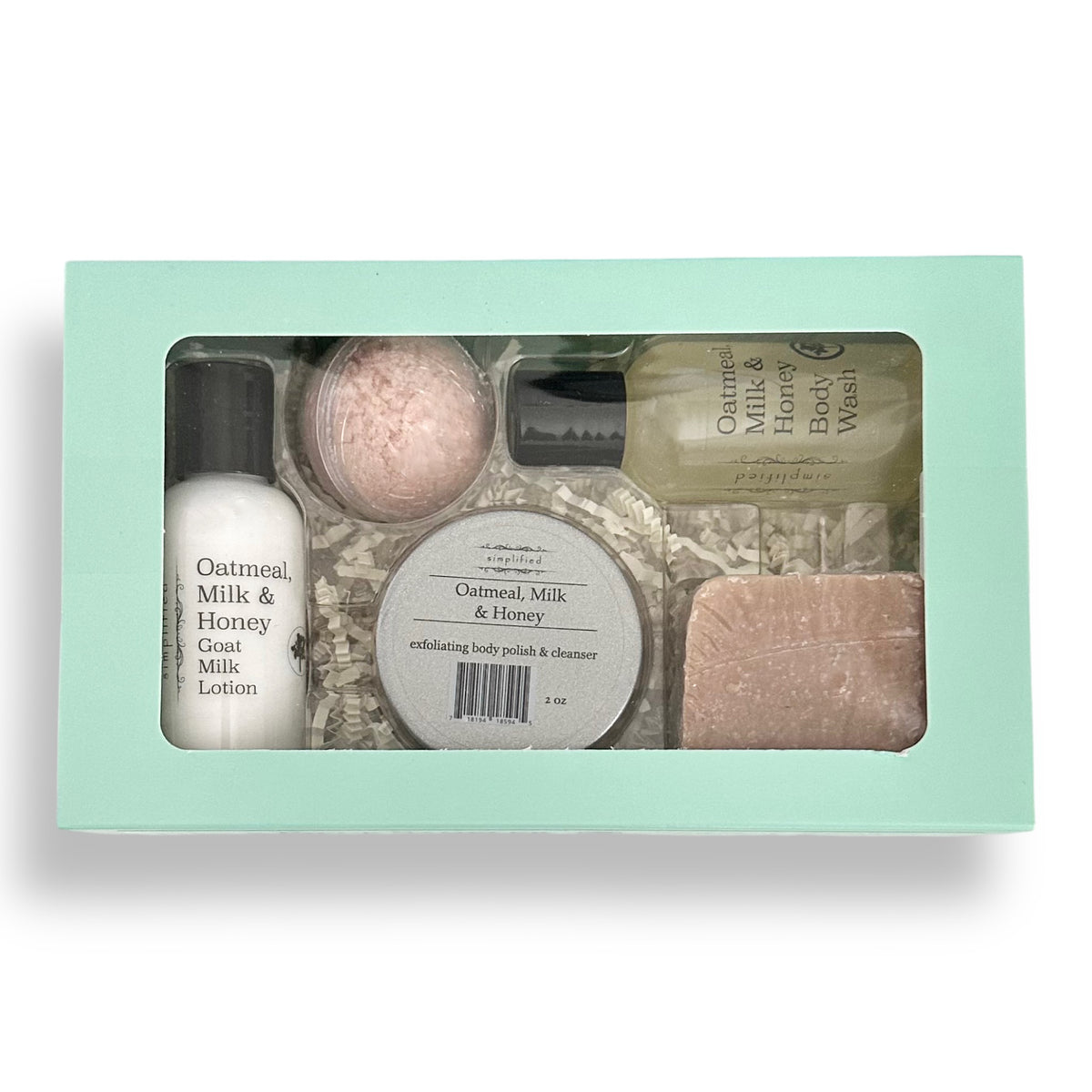 5-piece gift set in teal box with Oatmeal Milk & Honey lotion, body polish, soap and scrub
