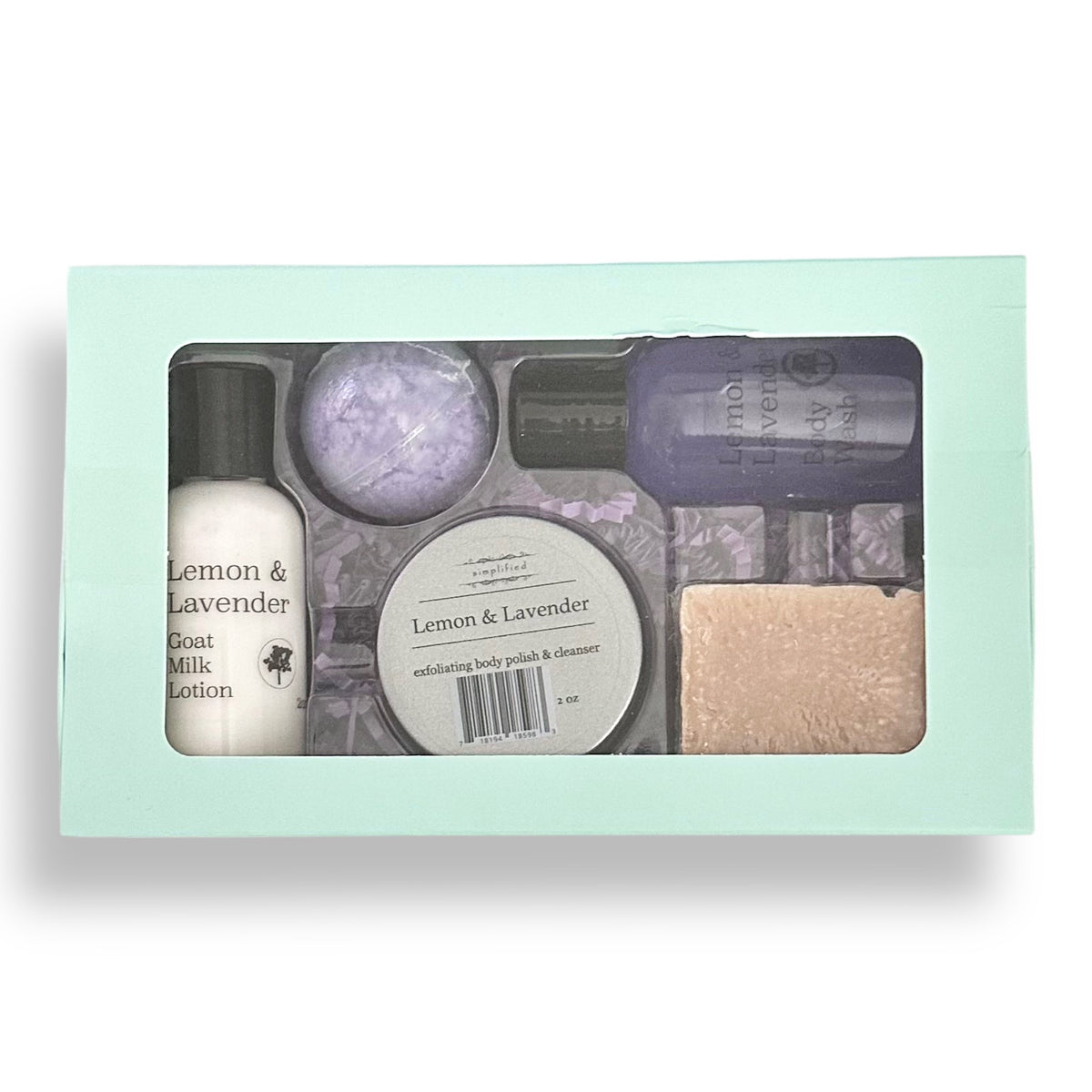 5-piece gift set in teal box with Lemon & Lavender lotion, body polish, soap and scrub