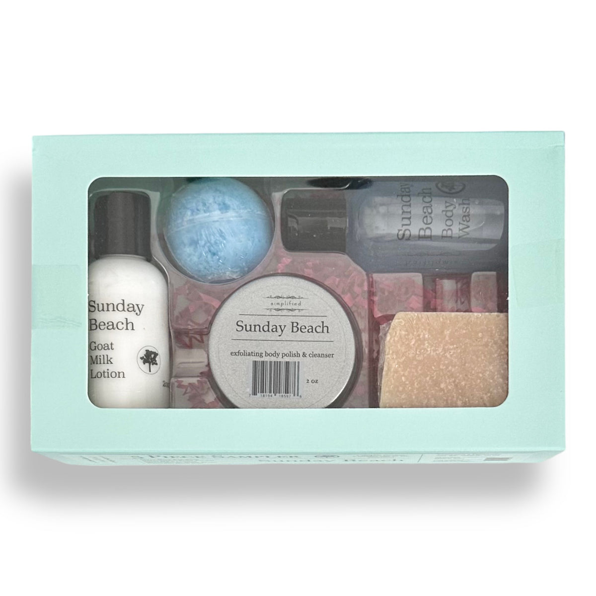 5-piece gift set in teal box with Sunday Beach lotion, body polish, soap and scrub