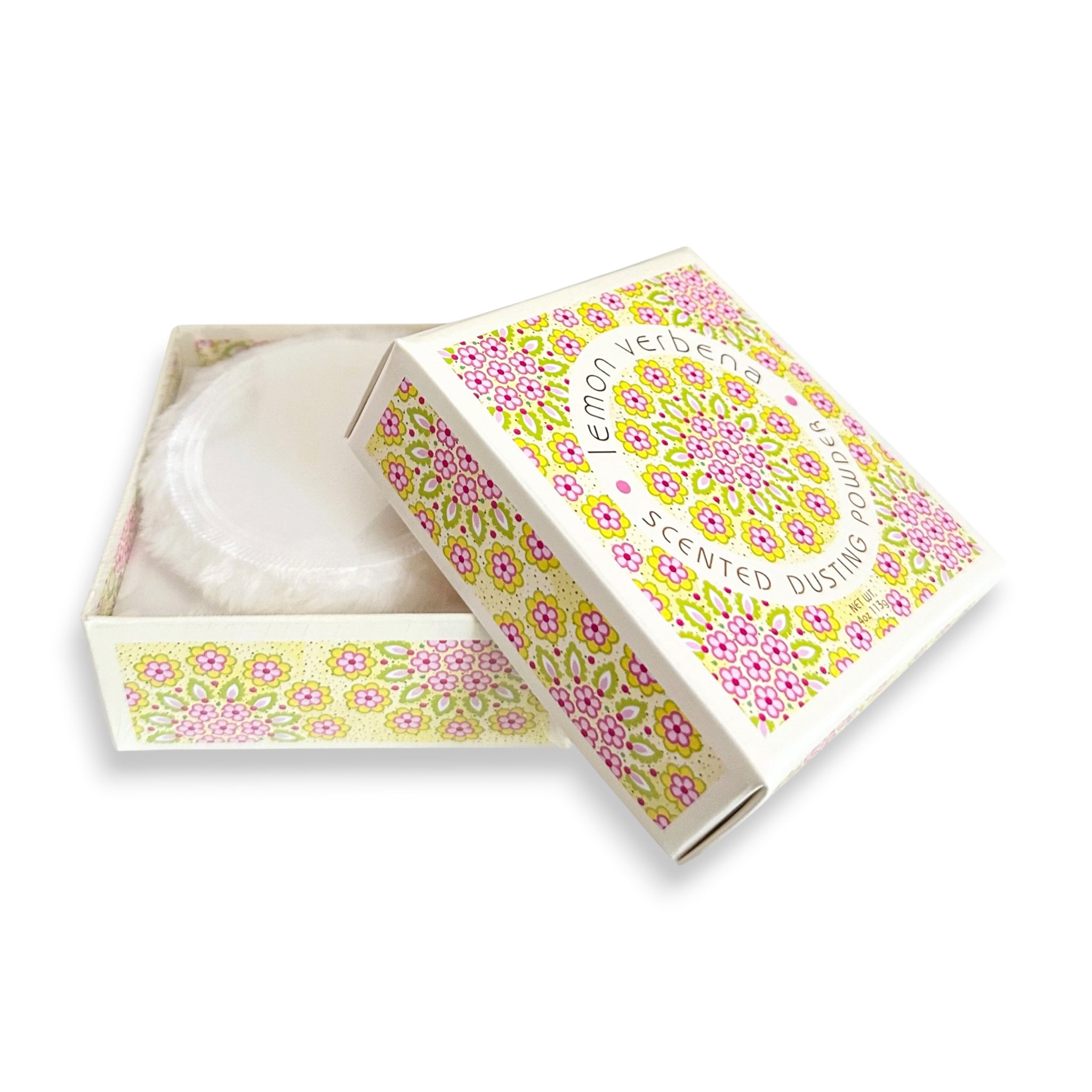 Scented dusting powder in a decorative box on a white background