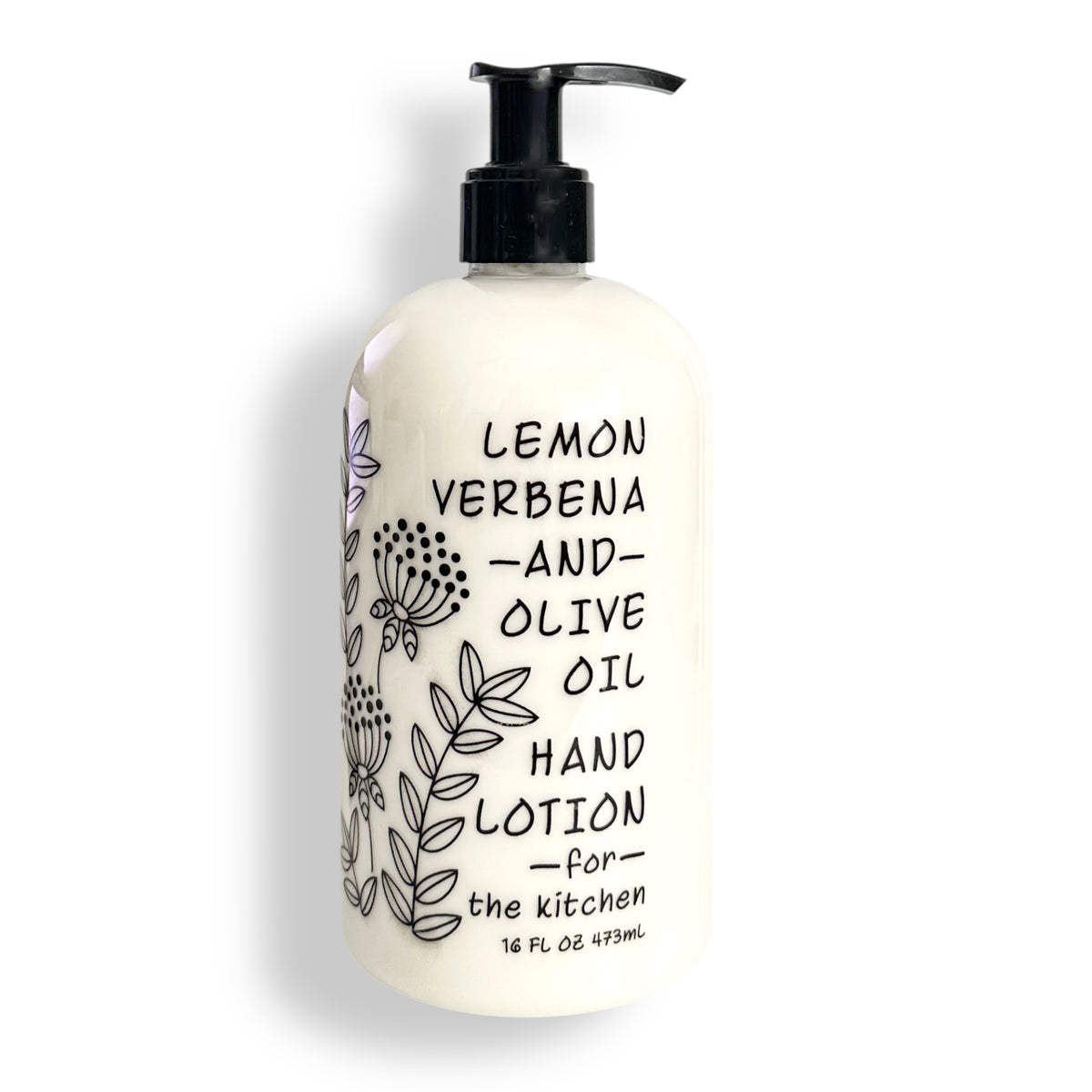 A 16 fl oz pump bottle of hand lotion with a black dispenser. The bottle is off-white with black text reading 'LEMON VERBENA AND OLIVE OIL HAND LOTION for the kitchen' and black botanical illustrations on the side.