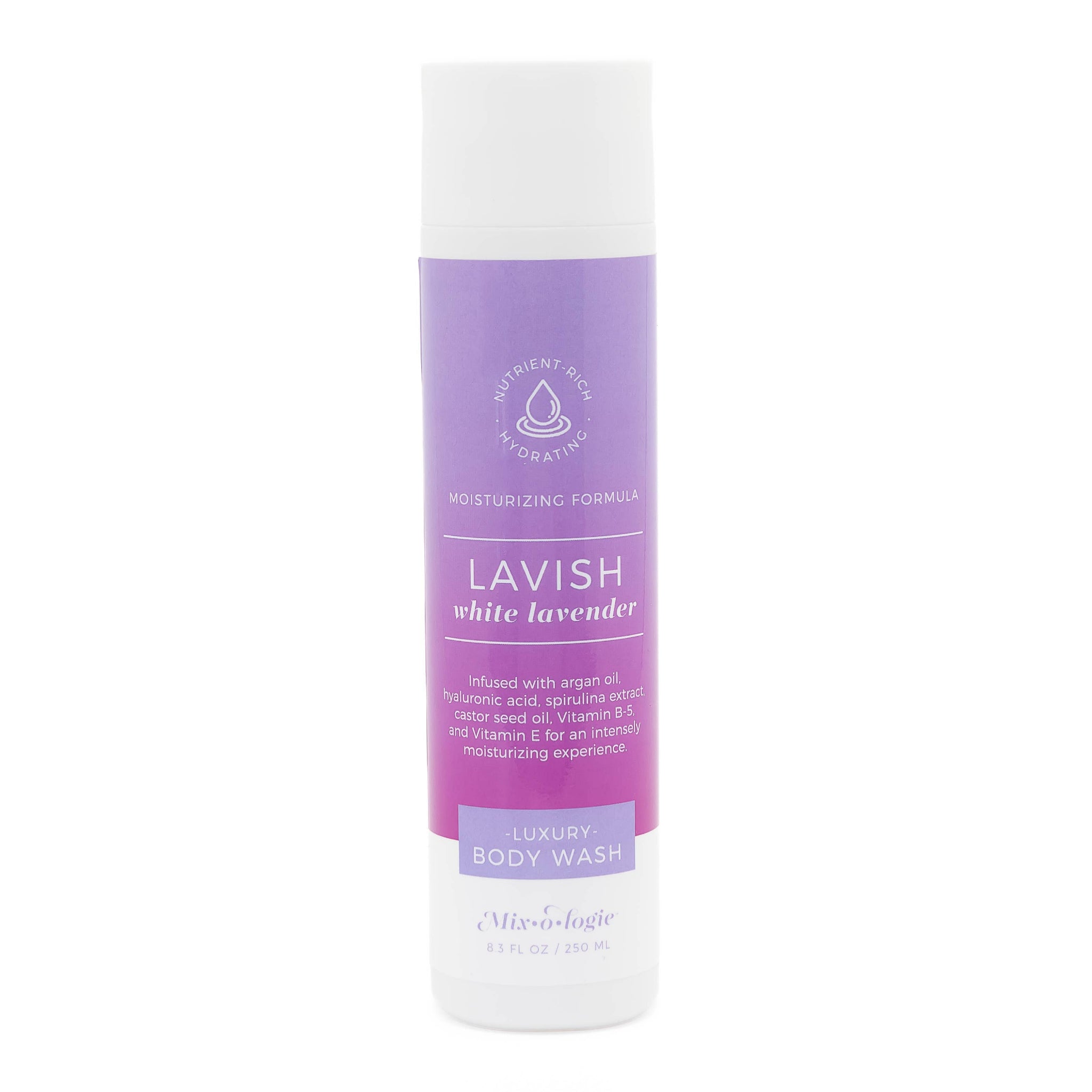 Lavish white lavender luxury body wash bottle with purple label