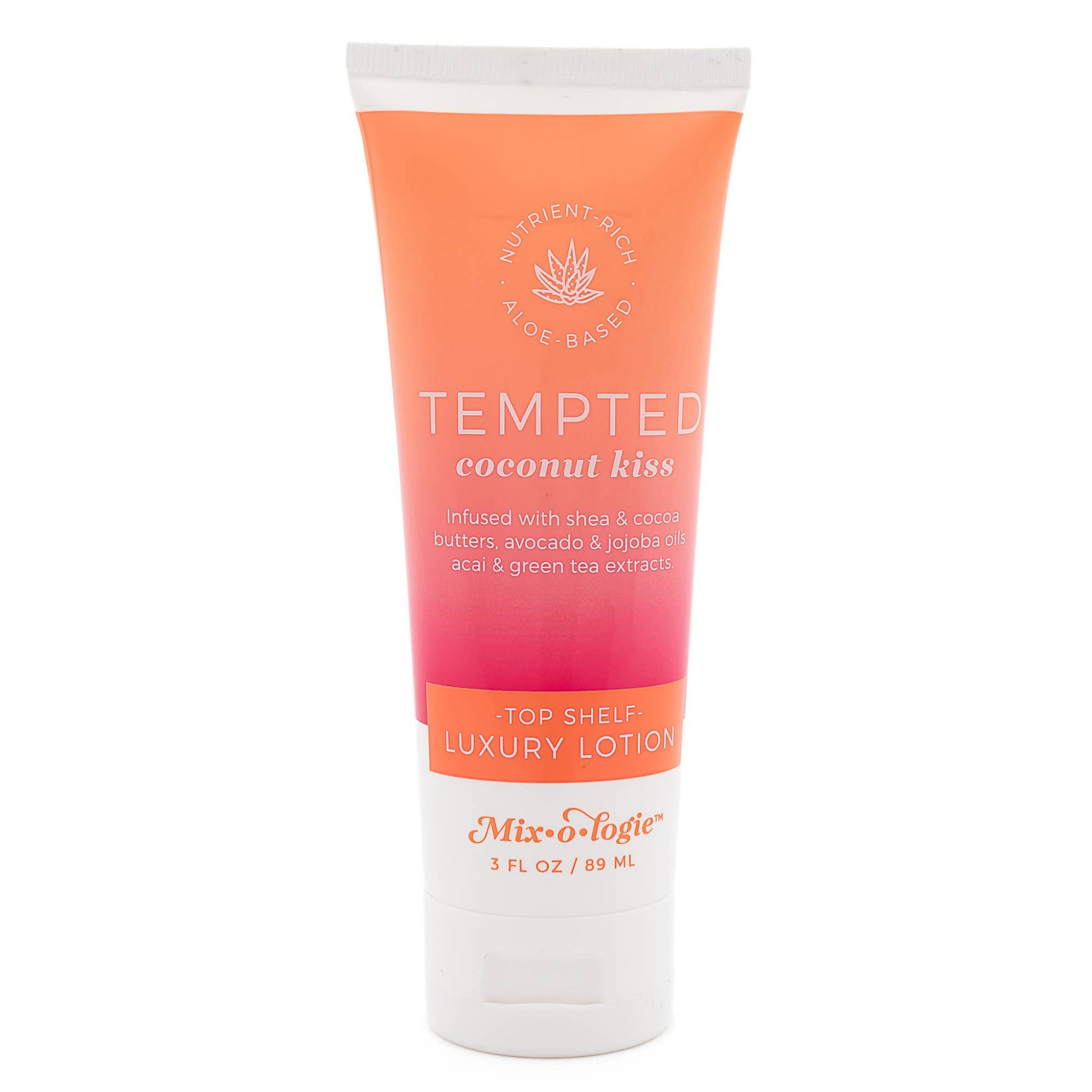 A 3 fl oz tube of Tempted Coconut Kiss Luxury Lotion by Mix & Logie, featuring a vibrant orange-to-pink gradient design on a white background.
