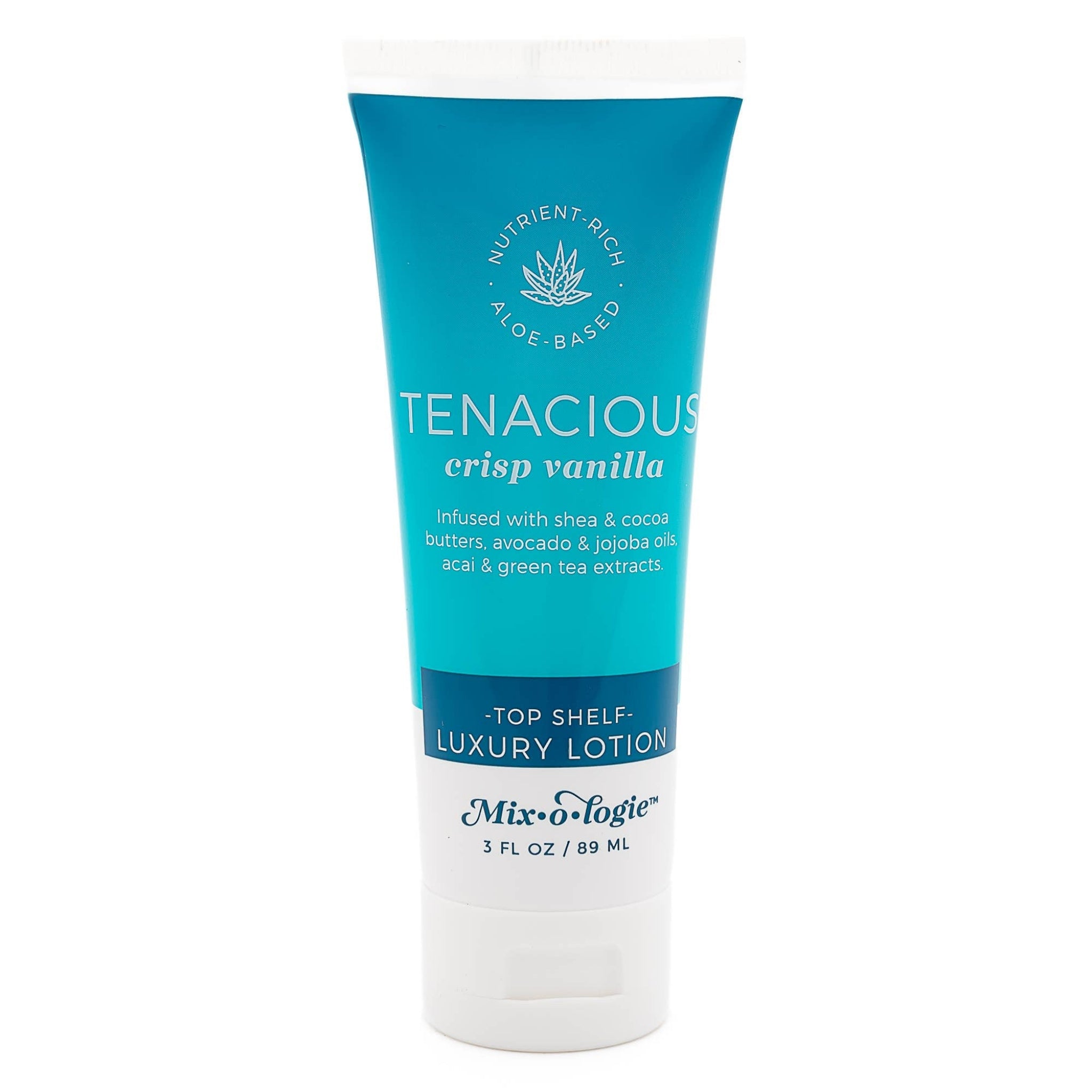 A 3 fl oz tube of Mix-o-Logie Tenacious Crisp Vanilla luxury lotion, featuring a teal blue and white design on a clean white background.