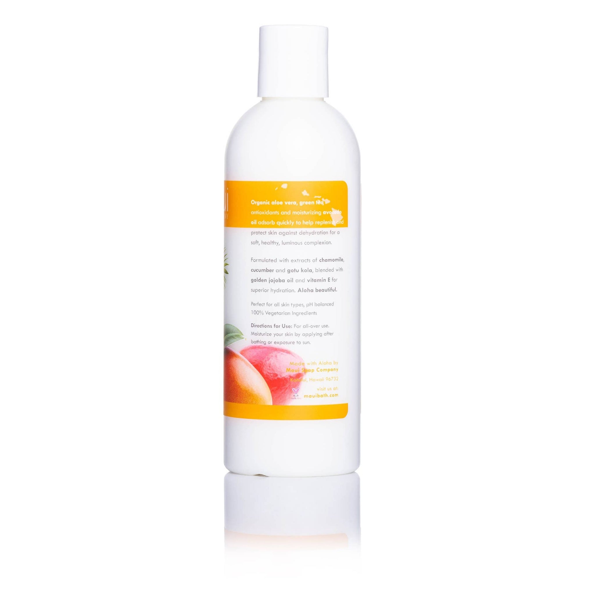 maui body lotion bottle with back ingredient label and pale yellow band