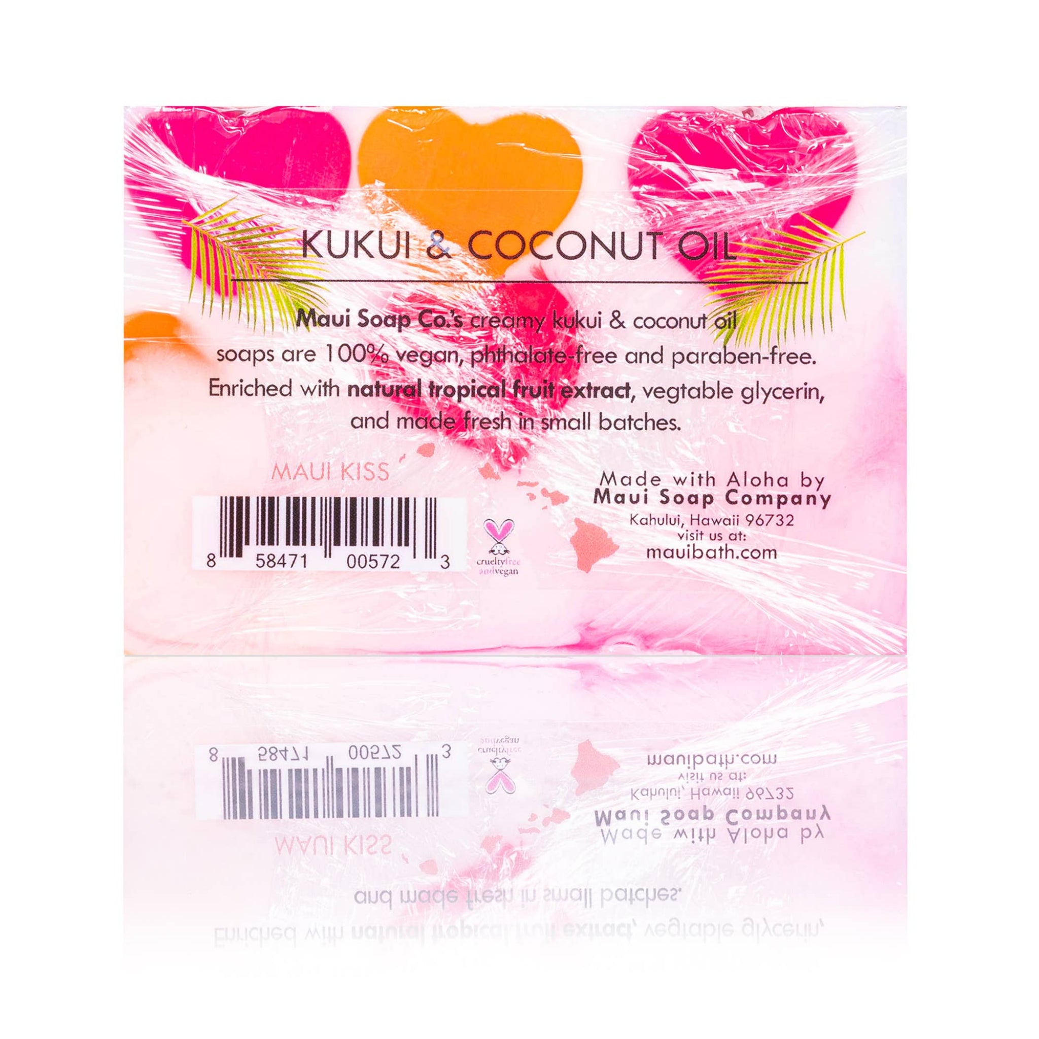 Back of a soap packaging with colorful hearts and text about Kukui & Coconut Oil soaps.