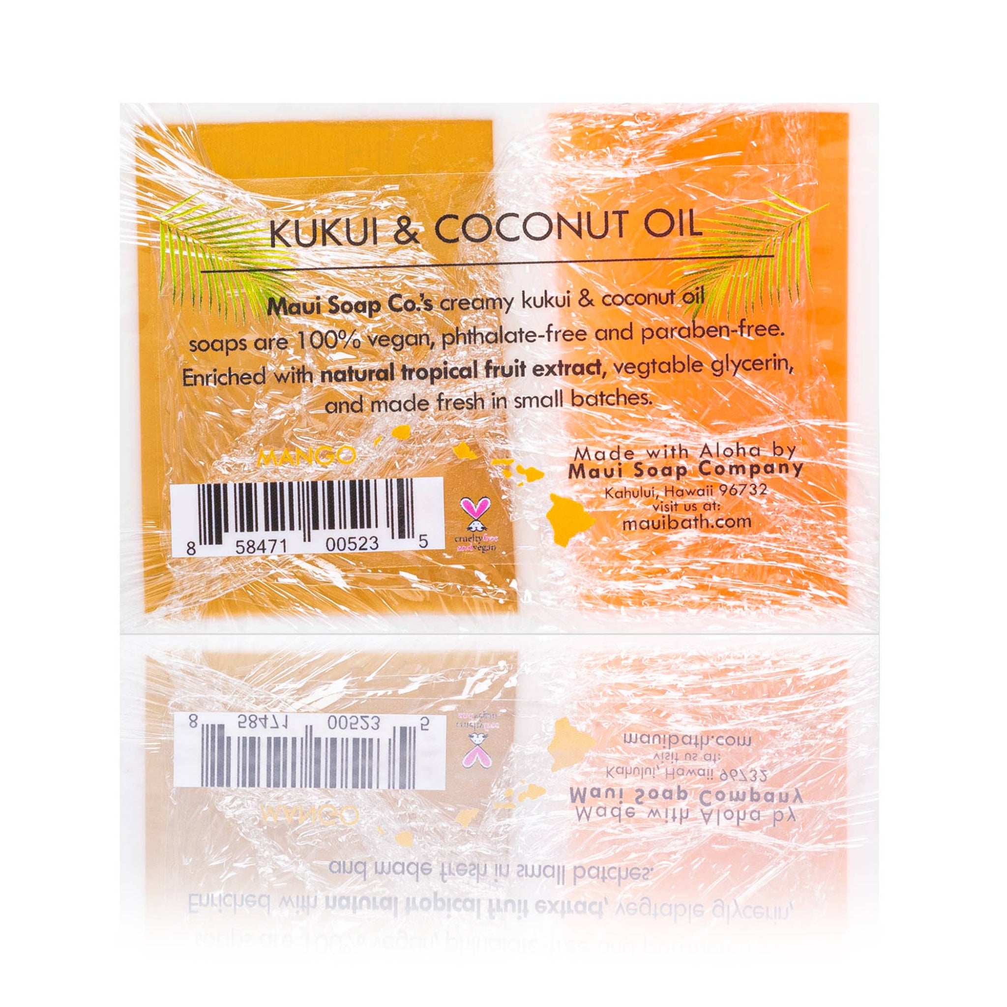 Back of Kukui & coconut oil bar soap wrapper with barcode and label text