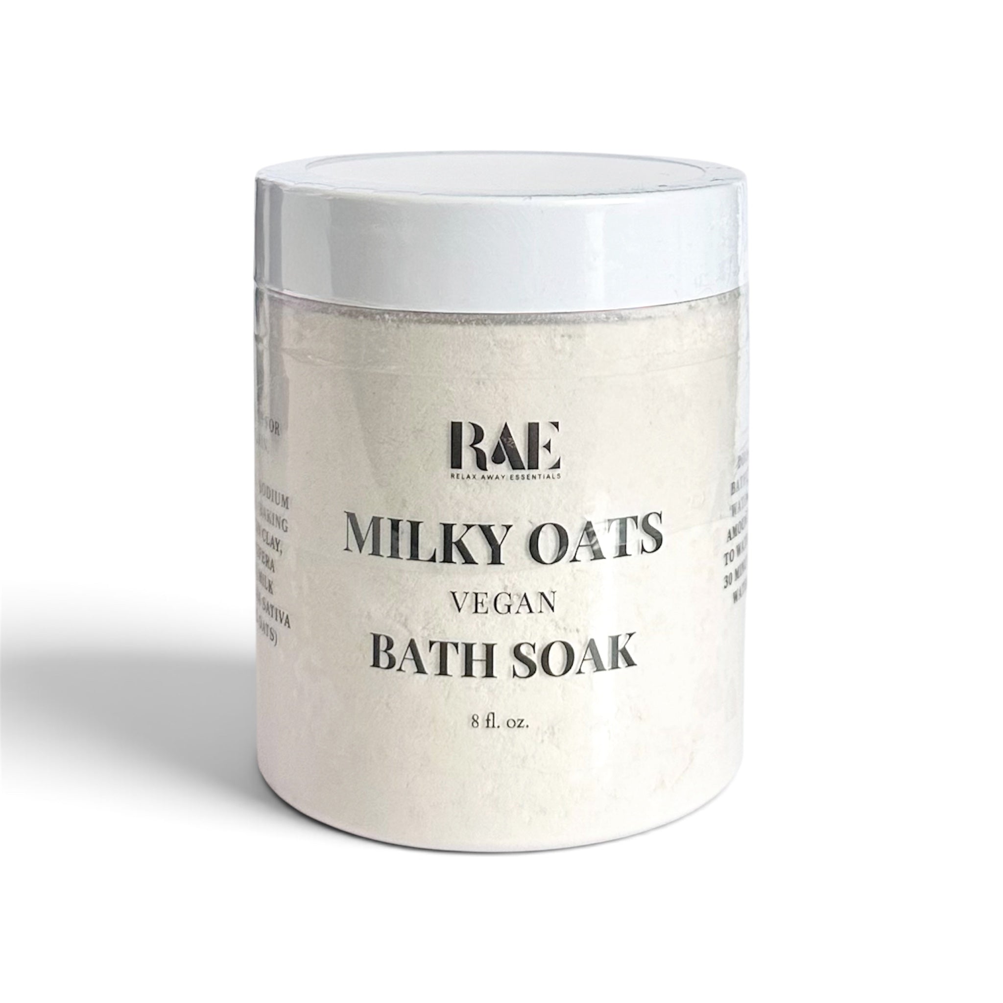 An 8 fl. oz. plastic jar of RAE Vegan Milky Oats Bath Soak on a clean white background.