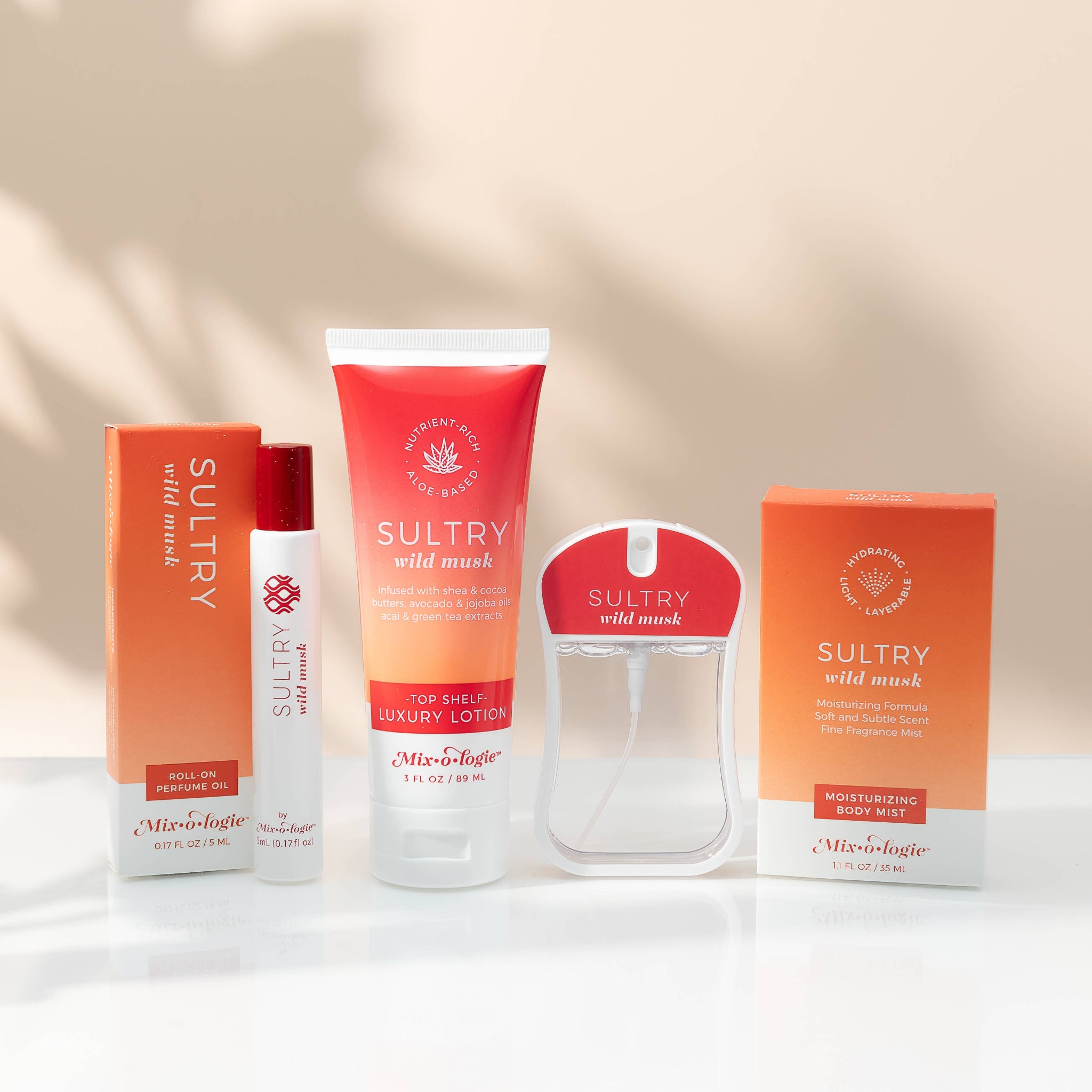 Collection of Sultry Wild Musk skincare and fragrance products on a neutral background