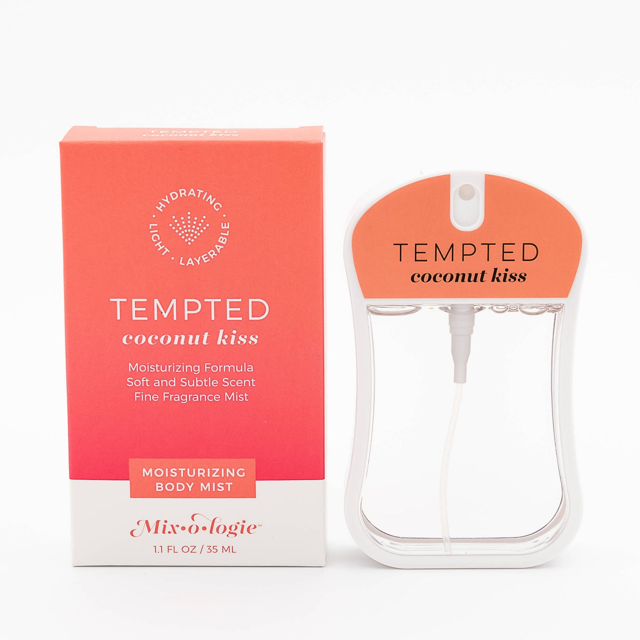Tempted Coconut Kiss body mist and packaging on a white background