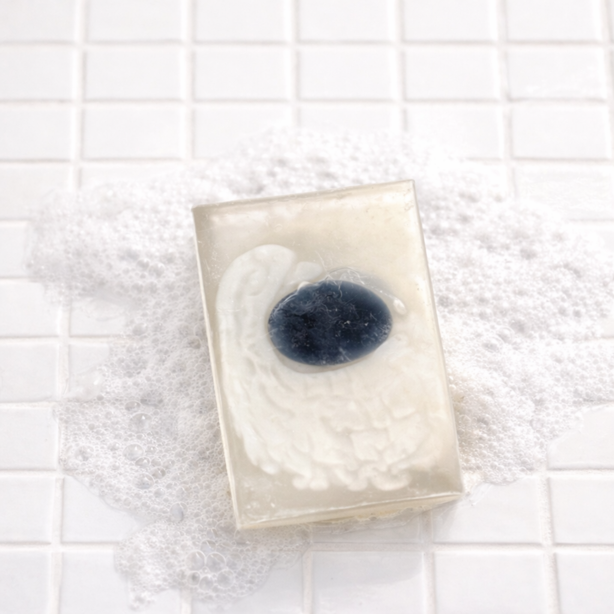 Bar of soap with a blue center on a white tiled background