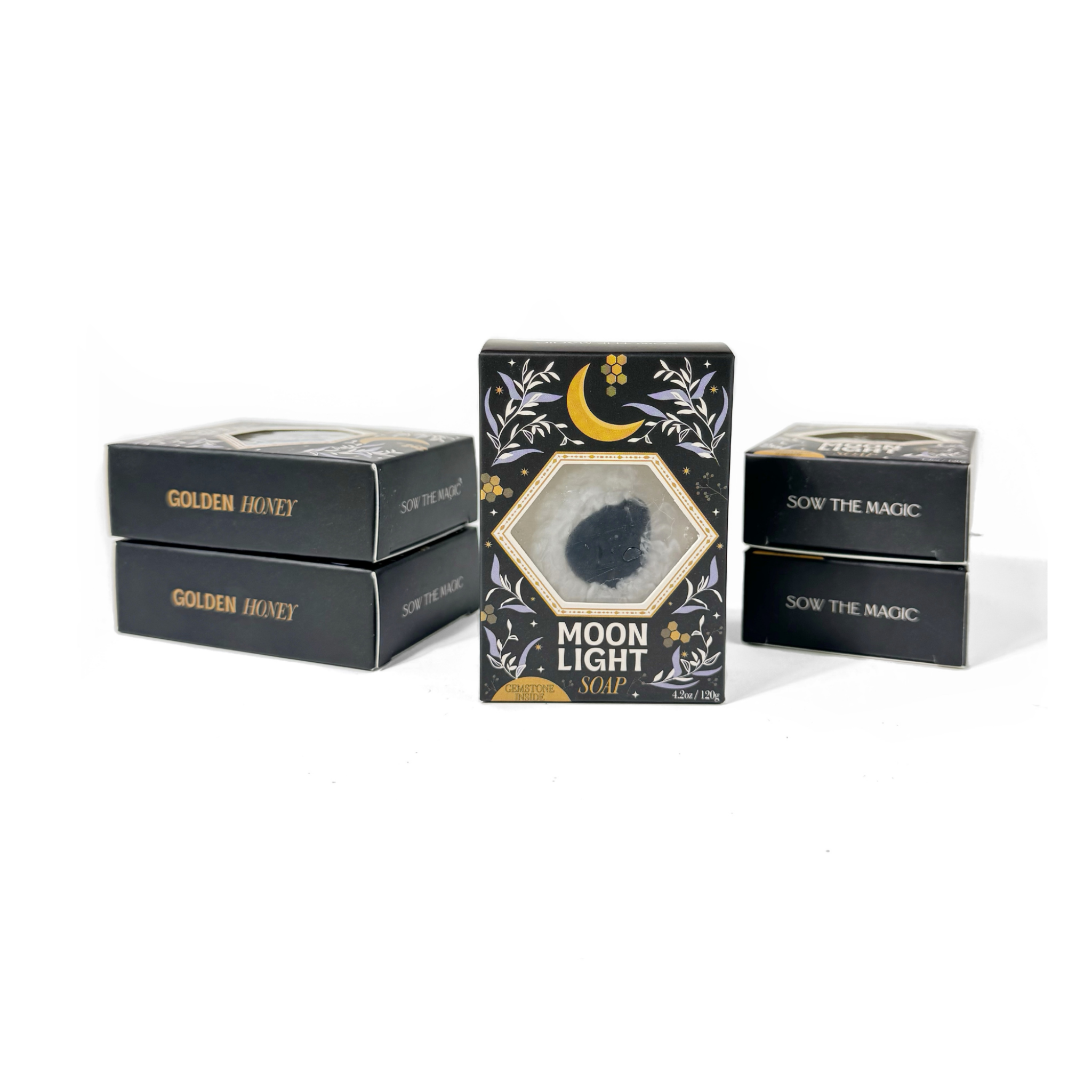 Moonlight soap packaging with 'Golden Honey' and 'Sow the Magic' branding on a white background.