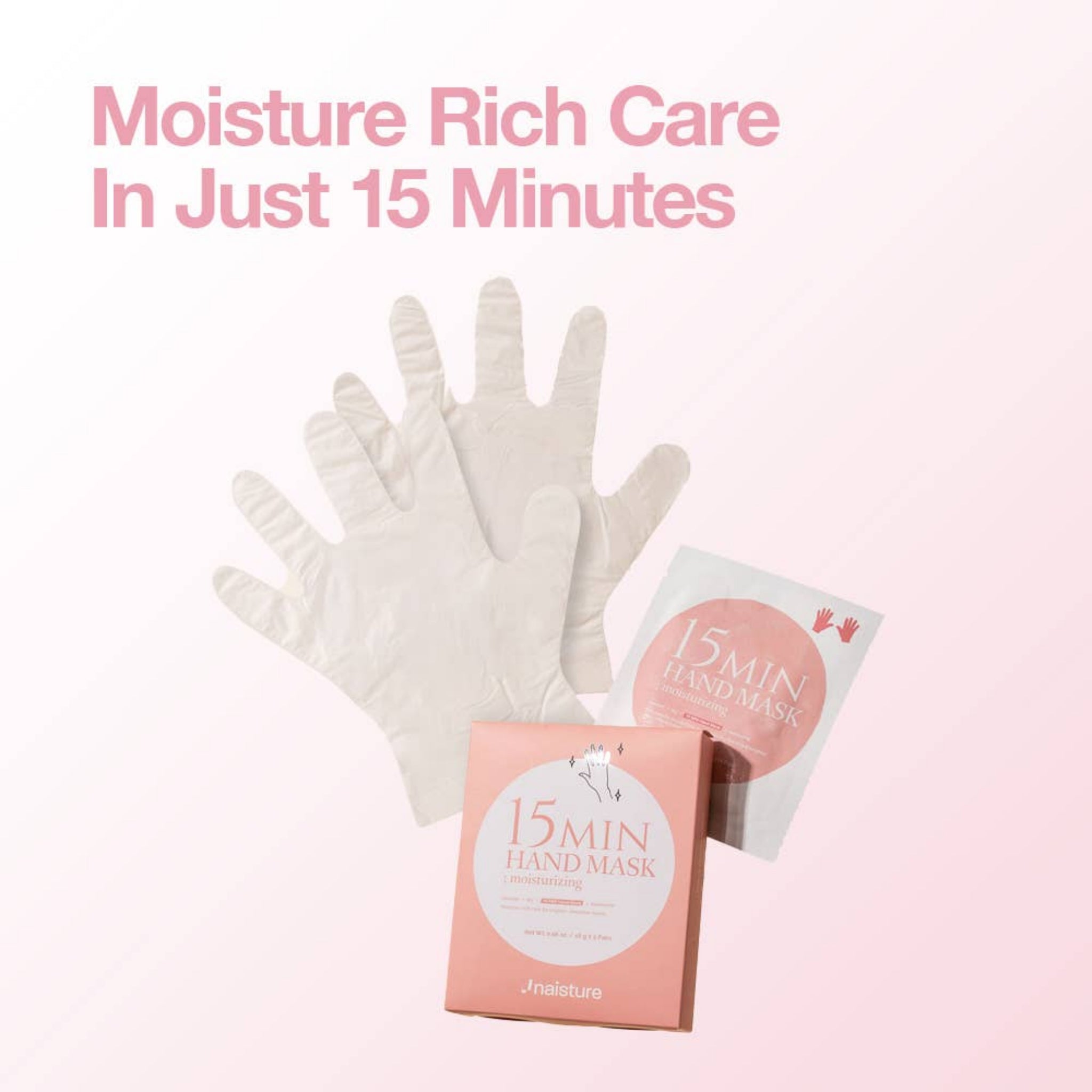 15-minute hand mask set with gloves and packaging on a light pink background