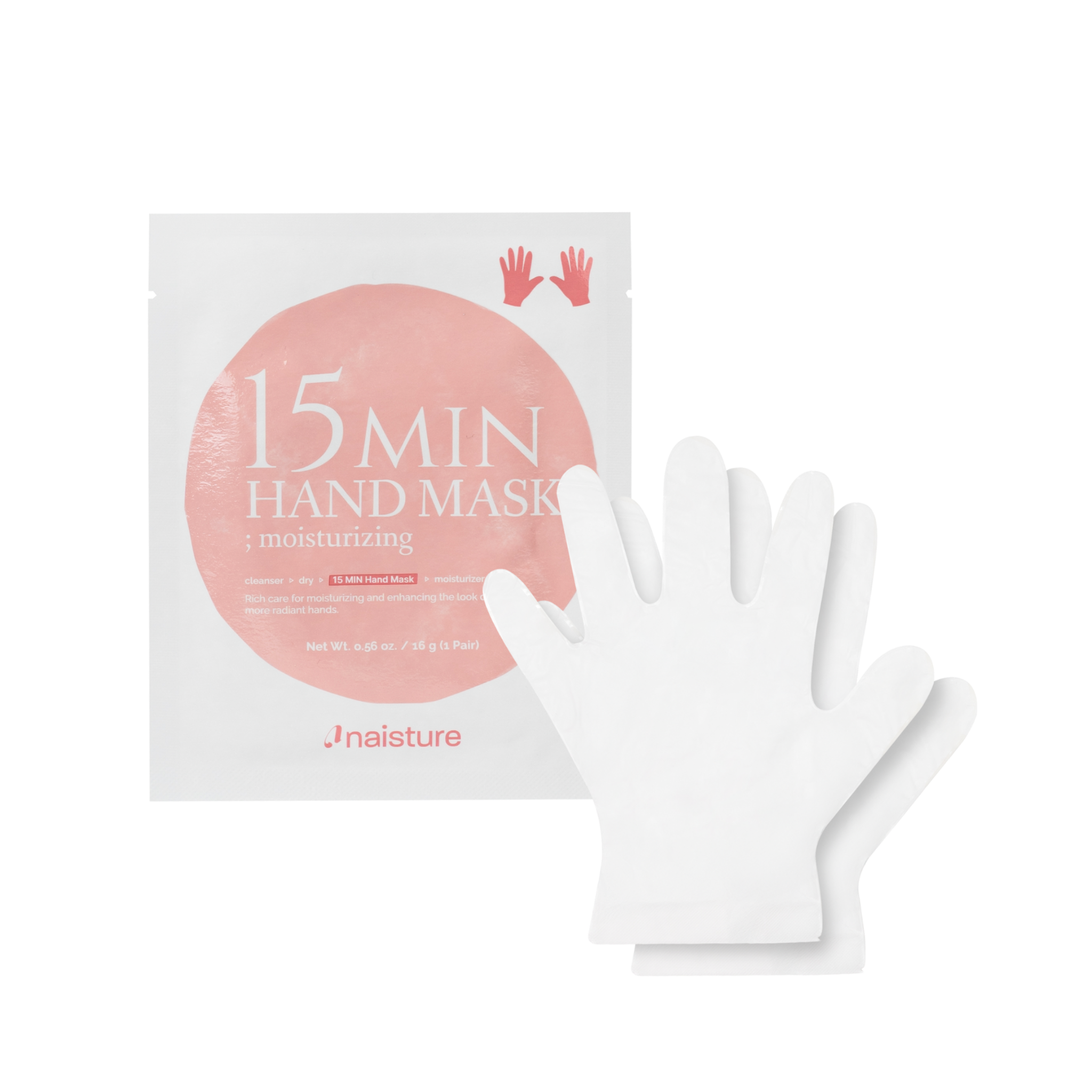 15-minute hand mask with packaging and gloves on a white background