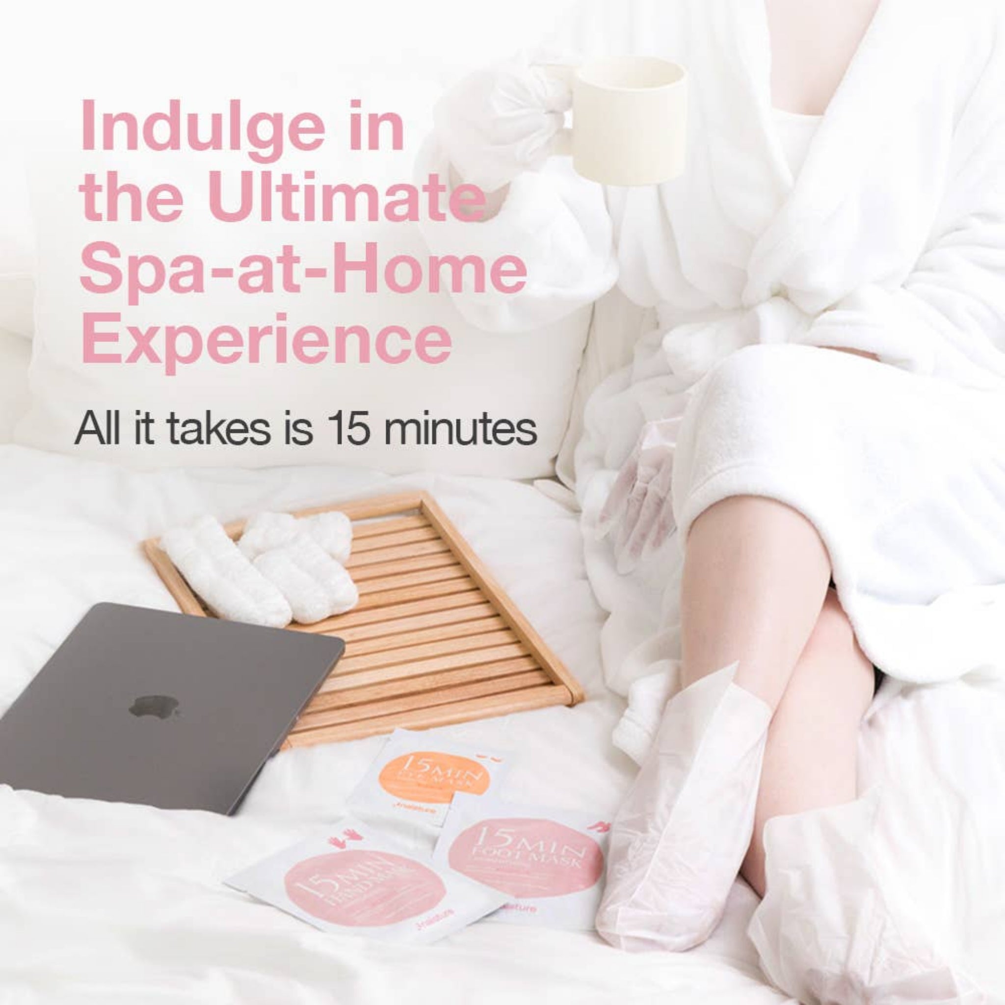 Person in a robe with gloves, sitting on a bed with a laptop and bath items, text overlay promoting a spa-at-home experience.